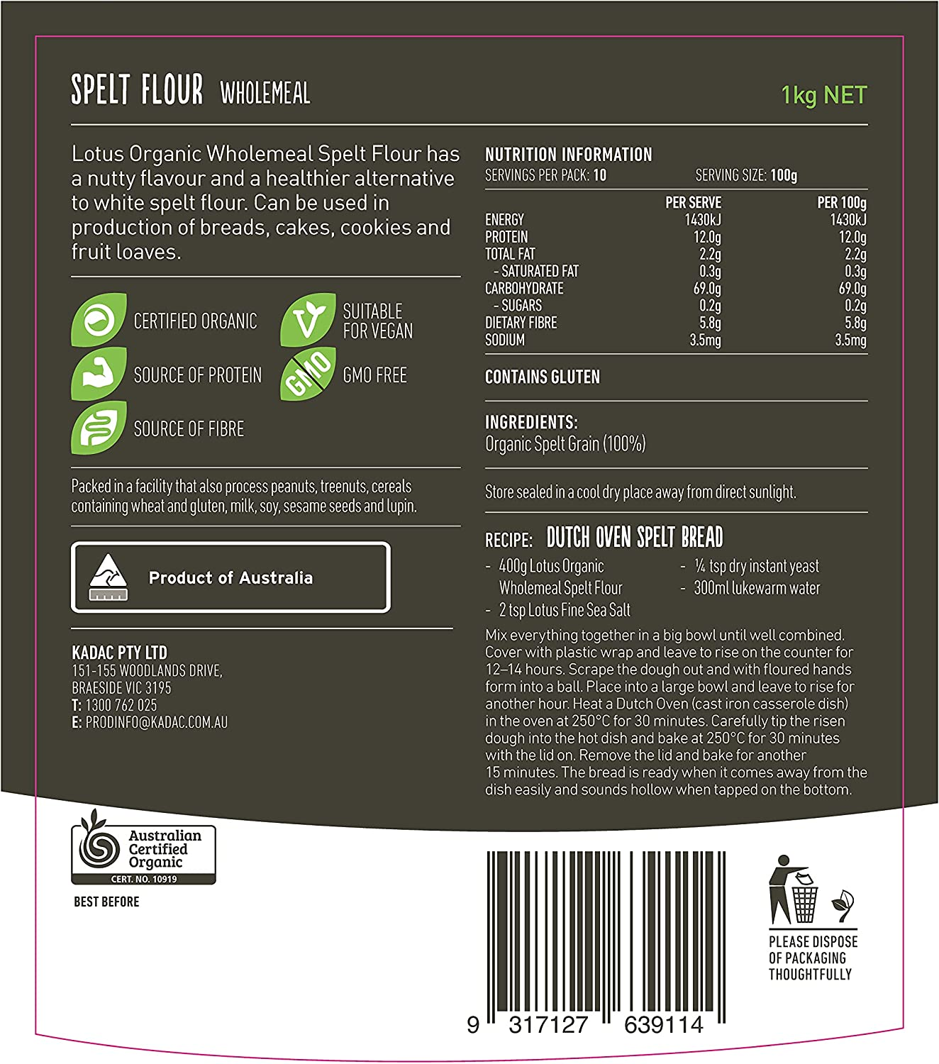 Lotus Organic Wholemeal Spelt Flour, 1000 G image number 2