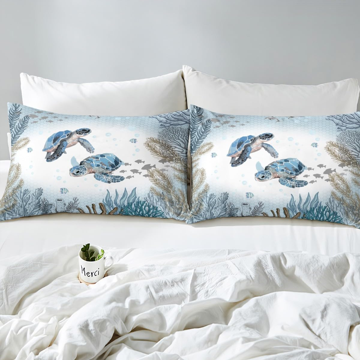 Sea Turtle Duvet Cover 135 X 200 Cm Teal Blue Ocean Coastal Bedding Set Underwater World Comforter Cover for Children Boys Girls Coral Reef Fish Bed Set Kawaii Marine Life Room Decoration image number 2