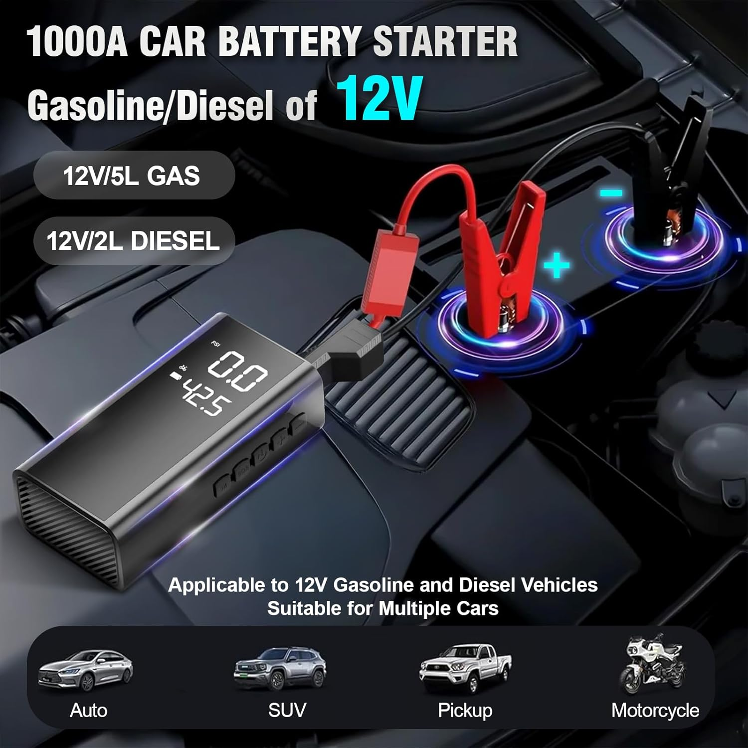 Velomira 1000A Car Battery Jump Starter with 150PSI Air Compressor, 10000 Mah Battery, 12V Car Gasoline - 5 L/Diesel - 2 L Emergency Starter, Emergency Flashlight, Smart Safety Clamp. image number 5