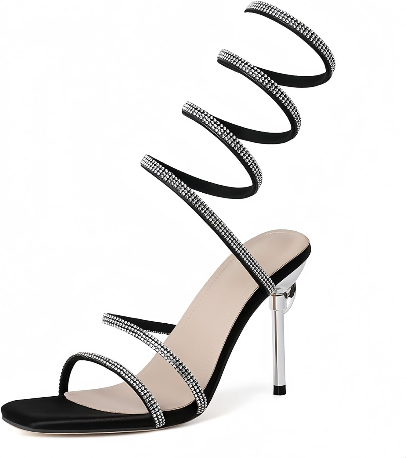 Womens Stiletto High Heel Sandals Tie up Open Toe Slingback Spiral Wrap around Summer Shoes with Rhinestone for Prom Party image number 5