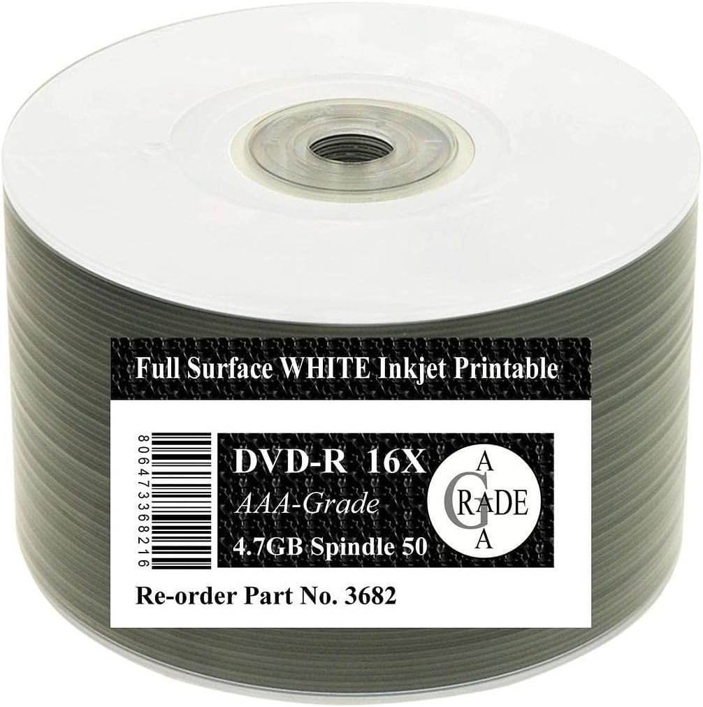Ritek Blank 4.7GB DVD-R 50Pcs 50 PCS 16X White Inkjet Disc Full Surface White Inkjet Printable