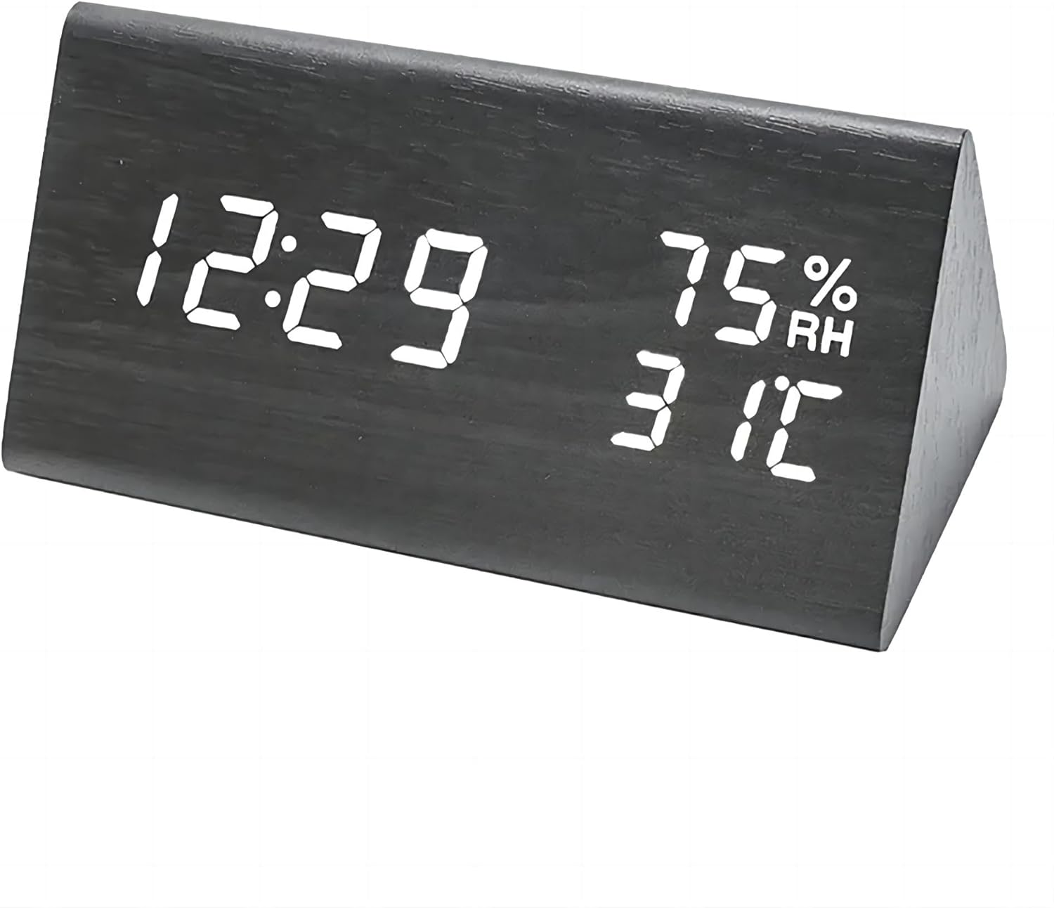 Lancoon Wooden Alarm Clock, Time Date Temperature and Humidity Display 12/24H Sound Activation 3 Alarm Settings Adjustable Brightness for Home Bedroom Office Travel