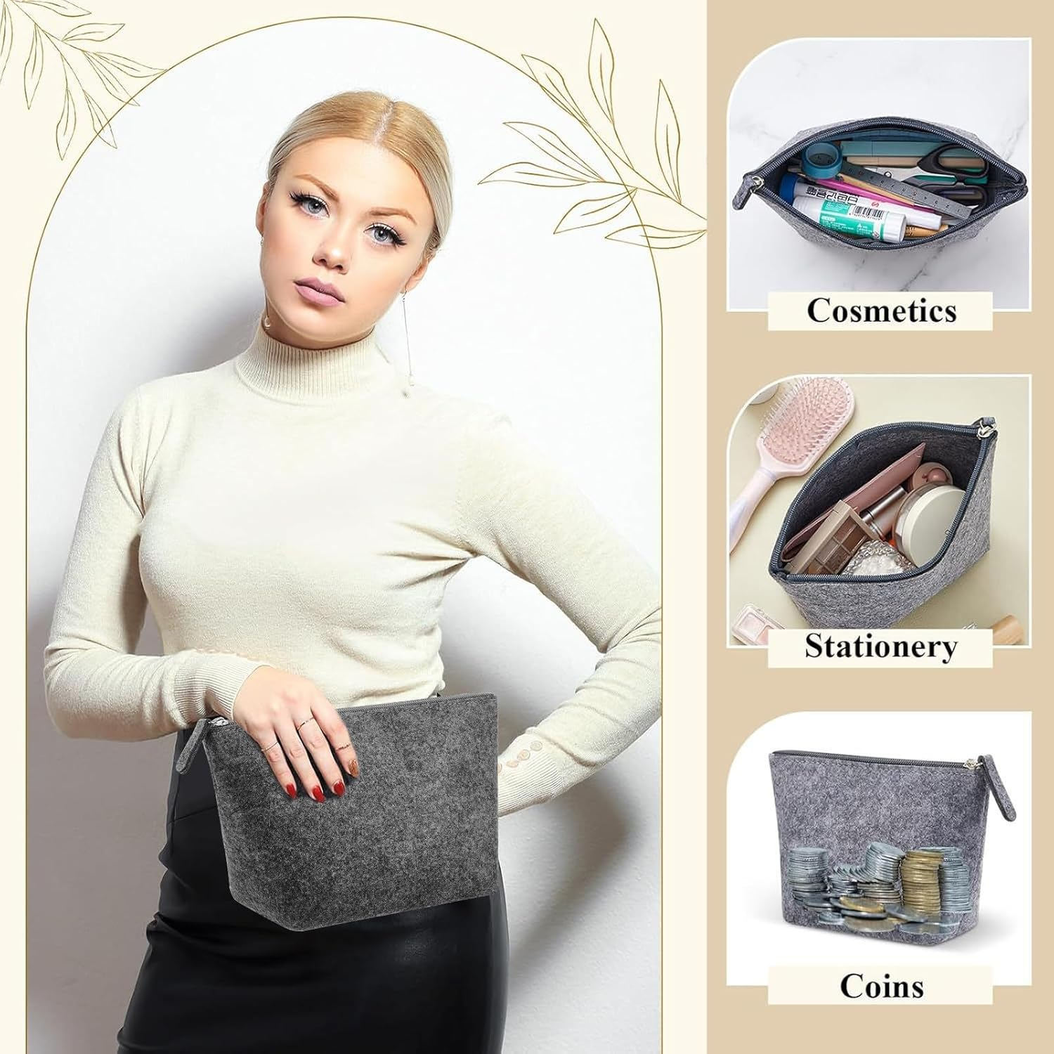 Hshenjhu Set of 3 Felt Cosmetic Bags for Plotting 20 X 16 Cm Portable Cosmetic Bag Organiser, Felt Pencil Case, Ideal Travel and Storage Storage Bags, Gray