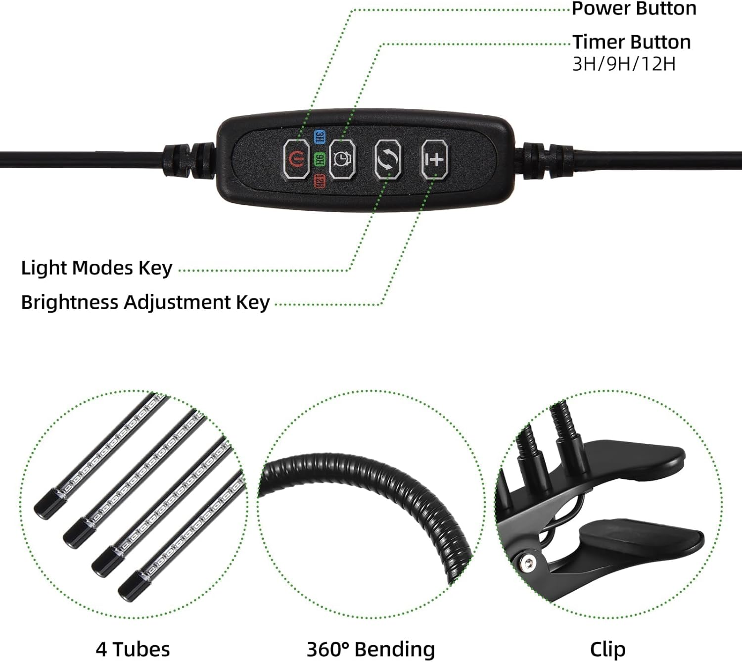 Mingzhe LED Grow Lights with Full Spectrum Clip Plant G G Lamp with Red Blue LED for Indoor Plants 10-Level Dimmable with 3/9/12H Timer 4-Head image number 5
