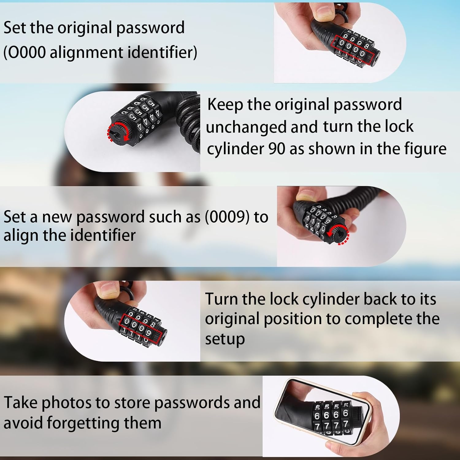 Bike Lock, 4 Digit Combination Bike Locks with 1.4M Steel Cable, Black Bicycle Lock for Cycling Equipment, Secure Lock for Motorcycle, Helmet, Stroller and Outdoor Gear image number 3