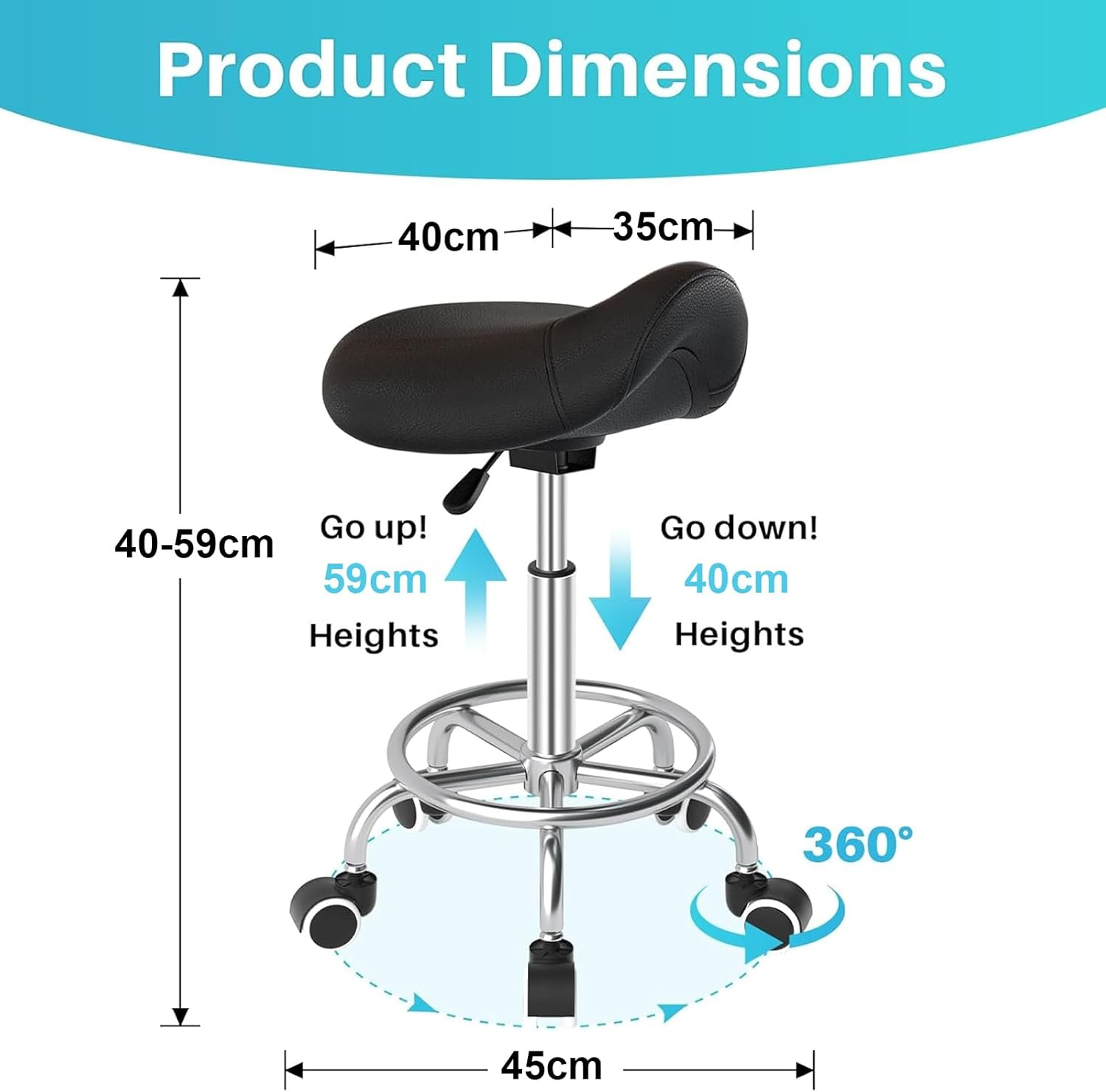 Rolling Stool Chair PU Leather Height Adjustable Swivel Drafting Work SPA Shop Medical Salon Stools with Wheels Office Chair,Black
