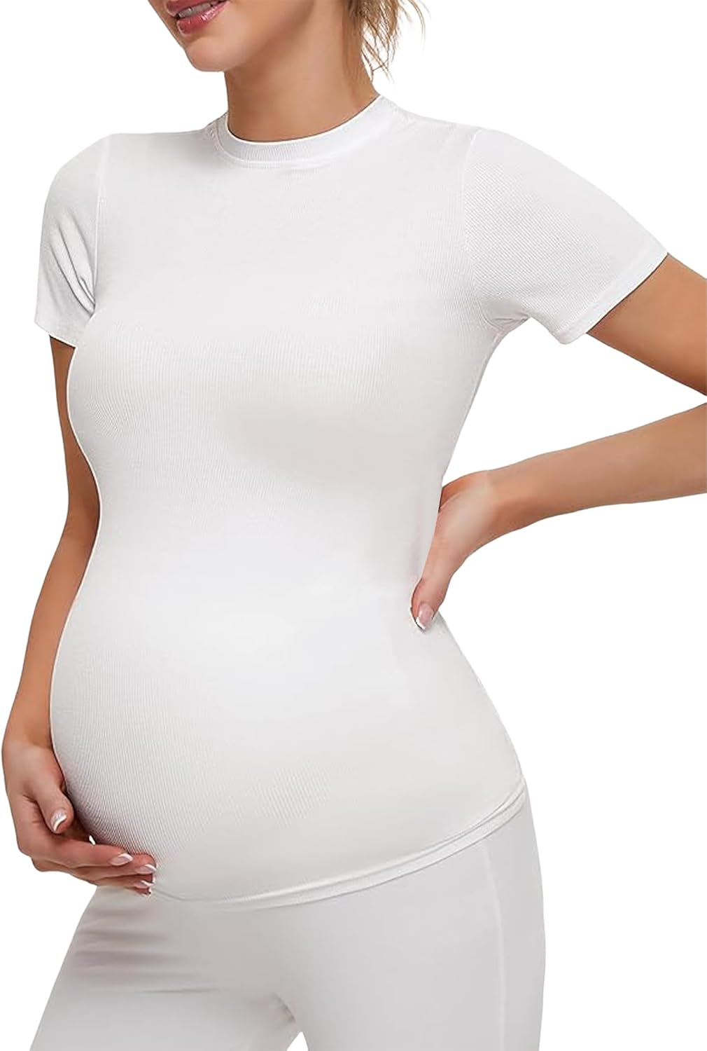 Peauty Maternity Ribbed T-Shirts with Crew Neck and Short Sleeves Shirts, before during after Pregnancy Clothes