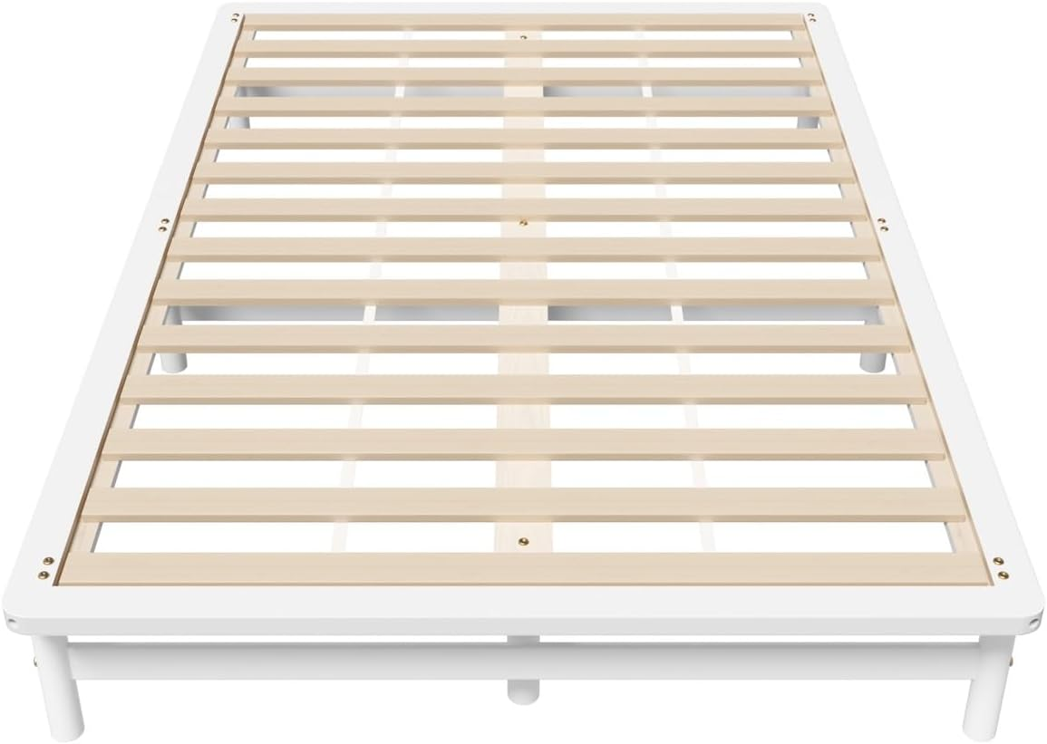 Oikiture Queen Bed Frame, Solid Pine Wood, Queen Size, White