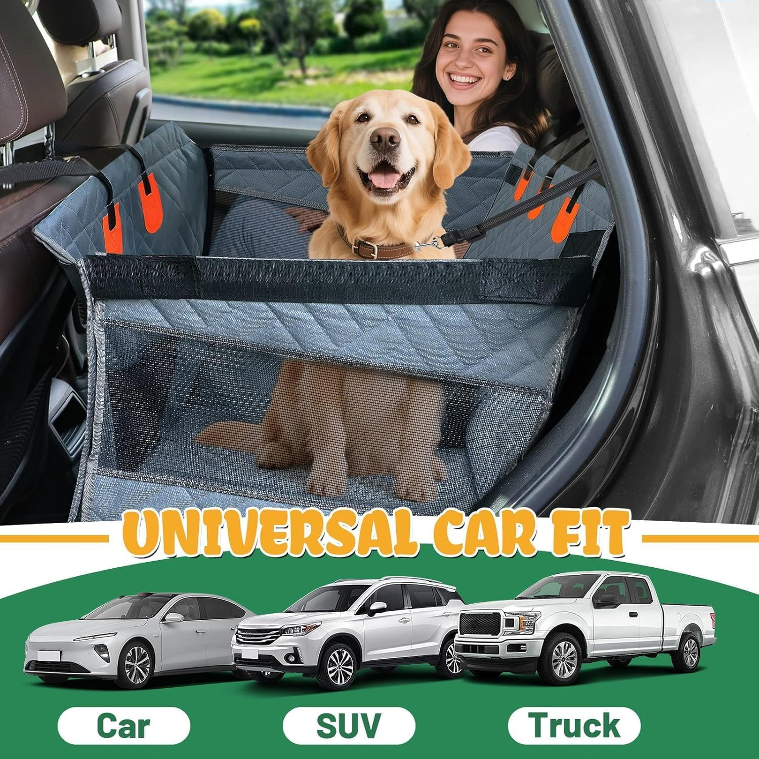 Dog Car Seat Cover for Back Seat &ndash; 2/3 Backseat Protector with Dog Seat Belt, Waterproof & Scratchproof Car Accessories for Small & Medium Dogs, SUV Sedan image number 2