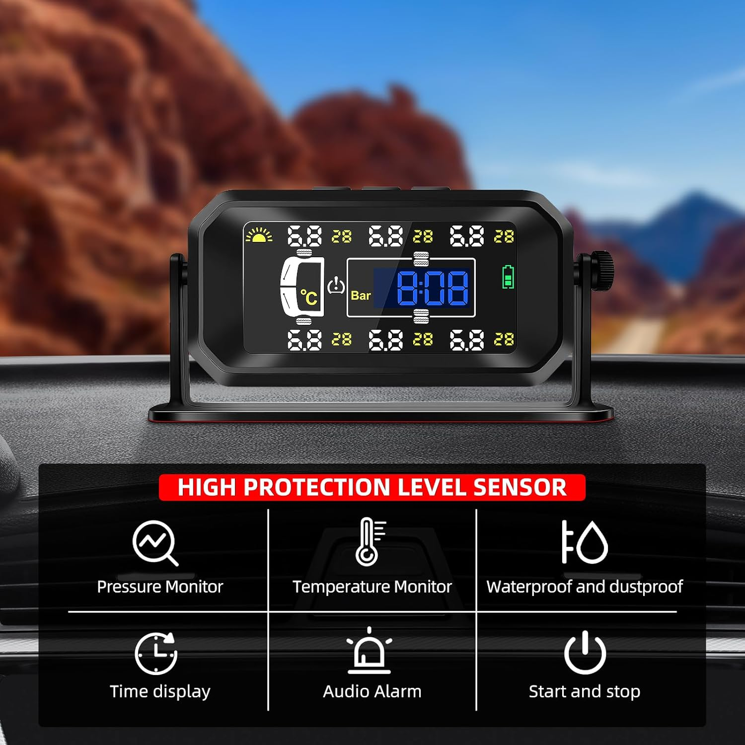 Tyre Pressure Monitoring System, Wireless Solar TPMS with 6 External Sensors, Real-Time Monitoring Pressure &Temperature, Auto Sleep Mode, Tire Pressure Sensors for RV Trailer Truck Pickup(0-144 PSI) image number 1