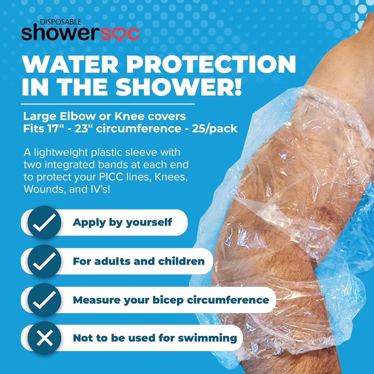 PICC LINE COVER for Showers - 25 Pack - LARGE - Waterproof Disposable - Elbow/Knee - Protector Guard image number 2