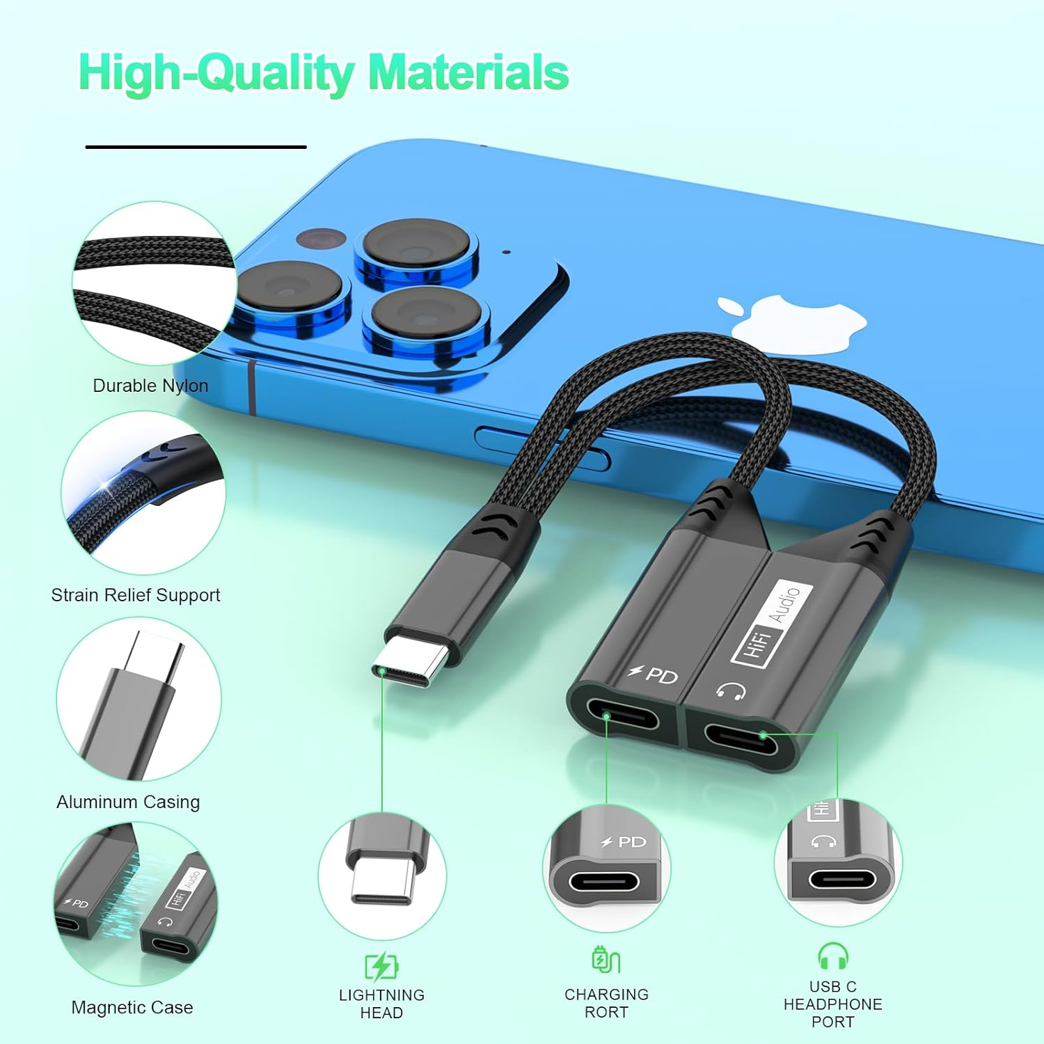 Magnetic USB C to Dual USB C Headphone Jack and Charger Adapter, 2-In-1 USBC Splitter with PD 60W Fast Charging, Type C Aux Audio Jack Adapter Compatible with Iphone 16 15 Pro Max/Ipad/Samsung image number 2