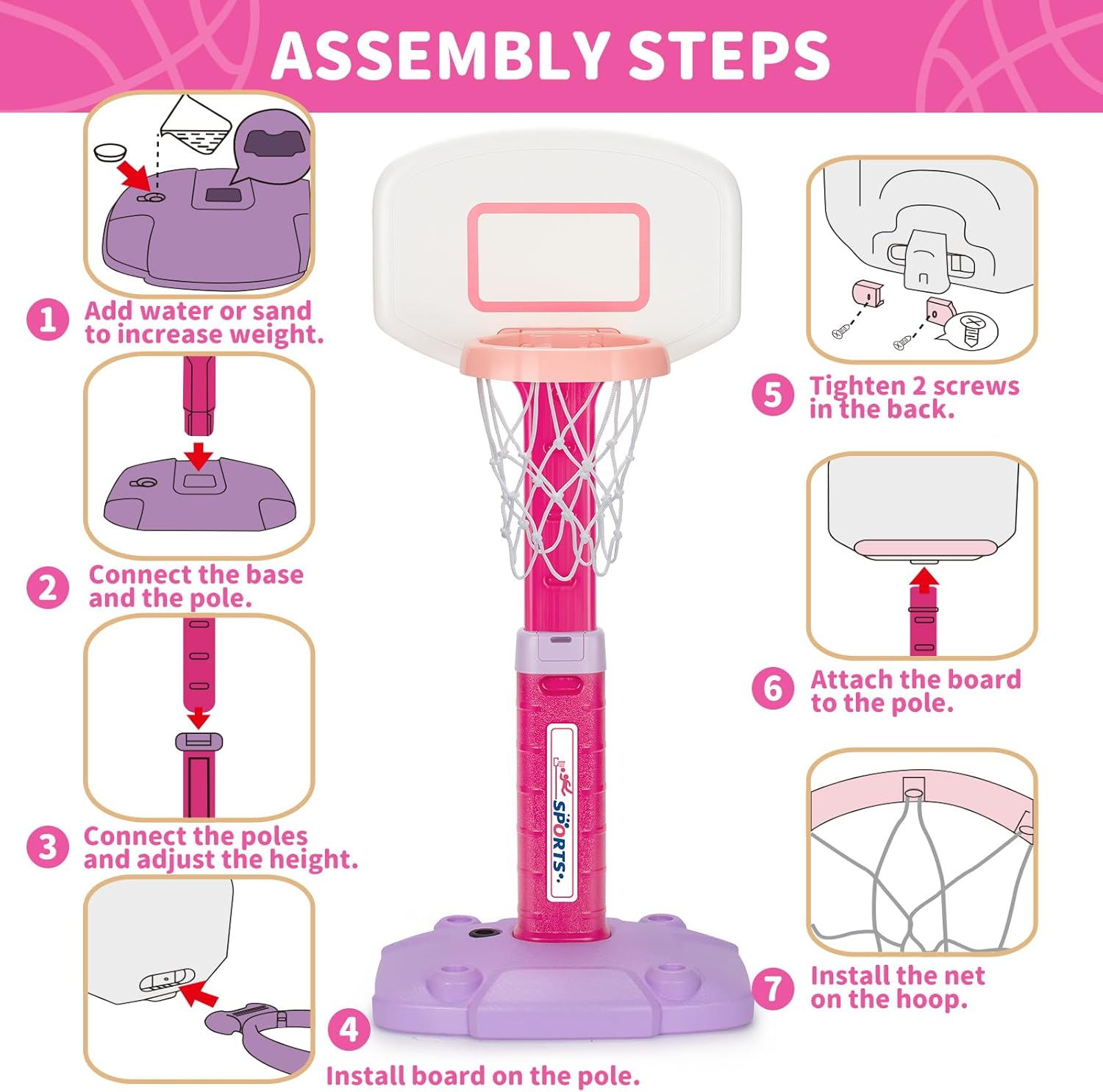 Toddler Basketball Hoop Indoor for Age 1-3, Adjustable Kids Basketball Hoop, Pink Mini Basketball Hoop with 3 Balls for Outdoor Poolside, Birthday Christmas Sport Toys for Baby Boys Girls 2 3 4 5 image number 4