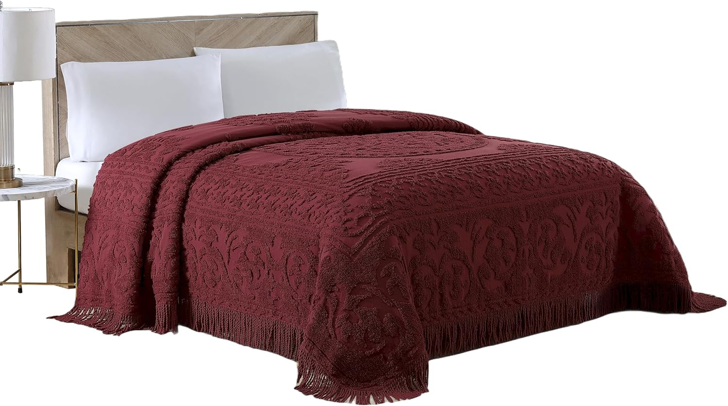 Beatrice Home Fashions Medallion Chenille Bedspread, Queen, Burgundy image number 4