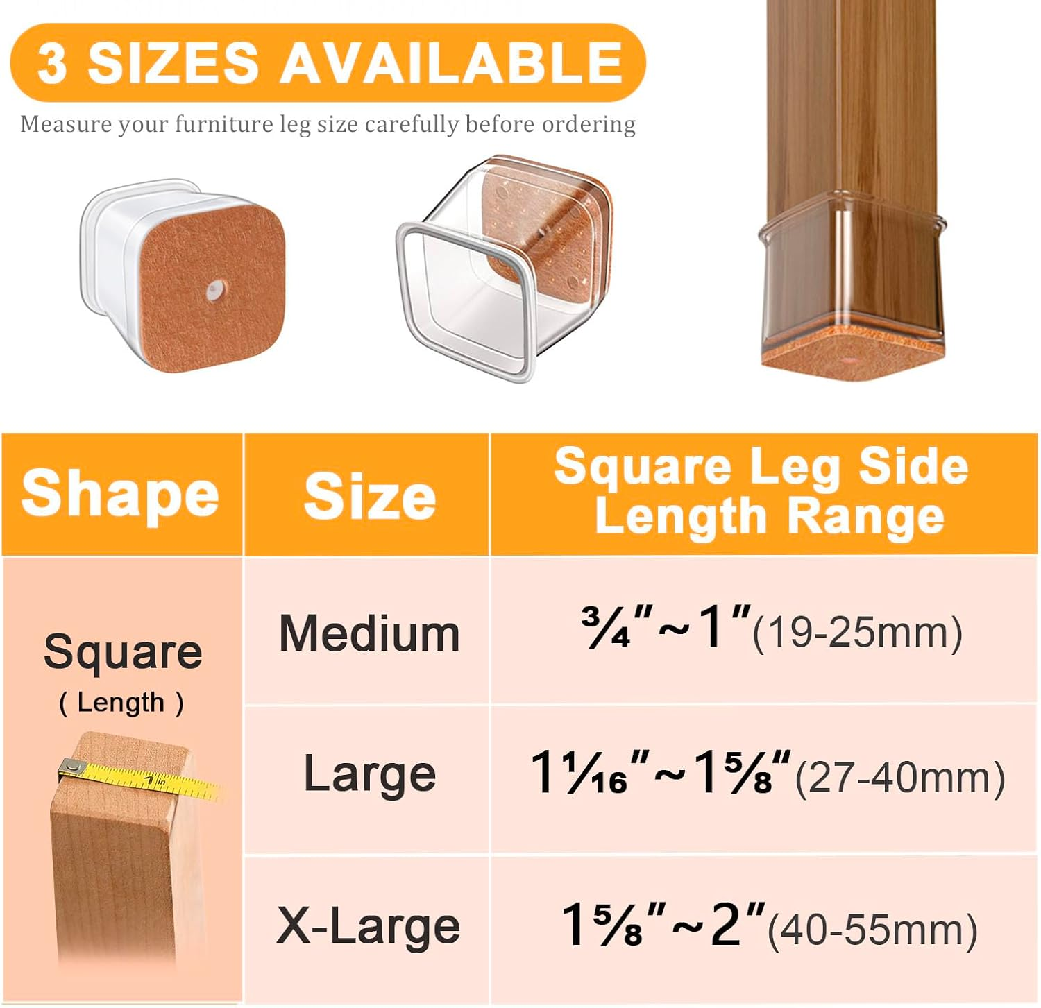 RUSIDO Pack of 35 Square Chair Leg Caps (For Side Length: 26-40 Mm), Clear Chair Leg Protectors, Chair Gliders, Silicone Protective Caps for Chair Legs, Felt Glides for Wooden Floors, Floor From image number 2