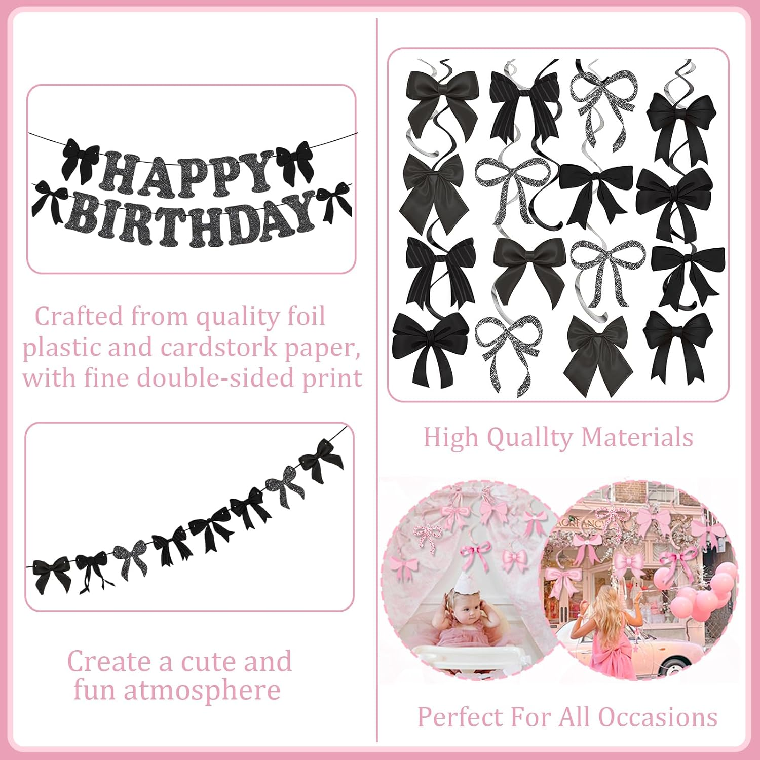 19Pcs Black Bowknot Happy Birthday Decorations,Black Bow Bunting Garland Party Birthday Banner Coquette Hanging Swirls Decorations for Girls Baby Shower Wedding Bowknot Party Supplies - Black Bow image number 5