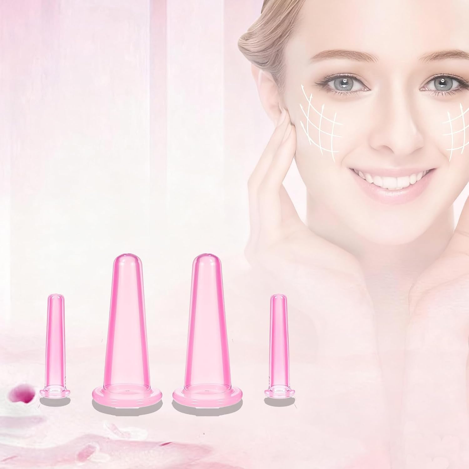Xlihdzum 4-Piece Facial Cupping Therapy Set - Anti-Cellulite Silicone Vacuum Cups for Face & Eye Massage, Facial Cupping Cups for Beauty/Anti-Aging/Lymphatic Drainage (Pink, 2 Small + 2 Large)