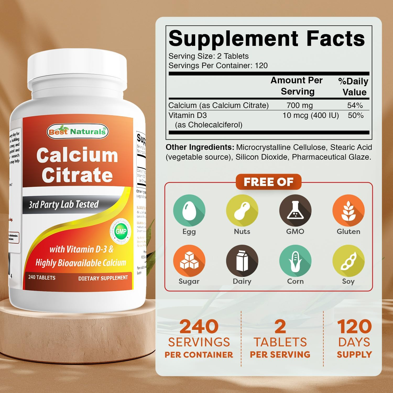 Best Naturals Calcium Citrate with Vitamin D-3 240 Tablets (240 Count (Pack of 2)) image number 2