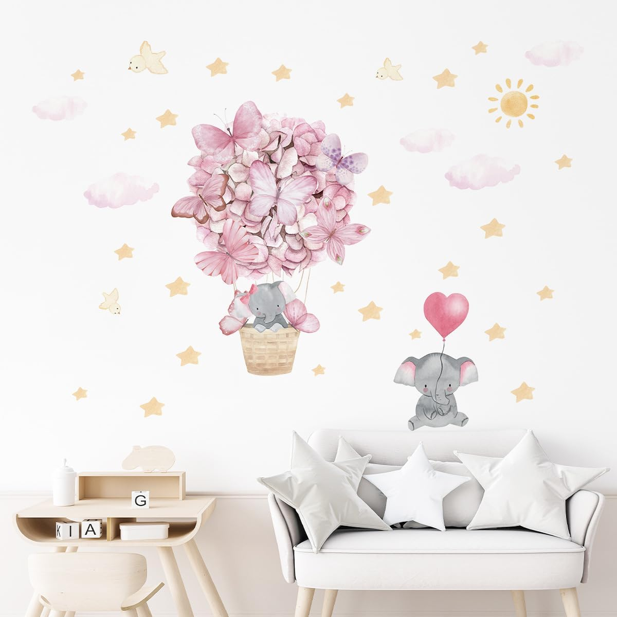 Pink Butterfly Hot Air Balloon Elephant Wall Decor for Baby Girl Room Star Cloud Nursery Wall Decal Stickers image number 2
