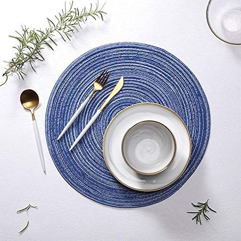 Round Placemats Cotton Heat Resistant Braided Placemats Washable 14 Inch Table Mats for Kitchen Tables Set of 4, Blue