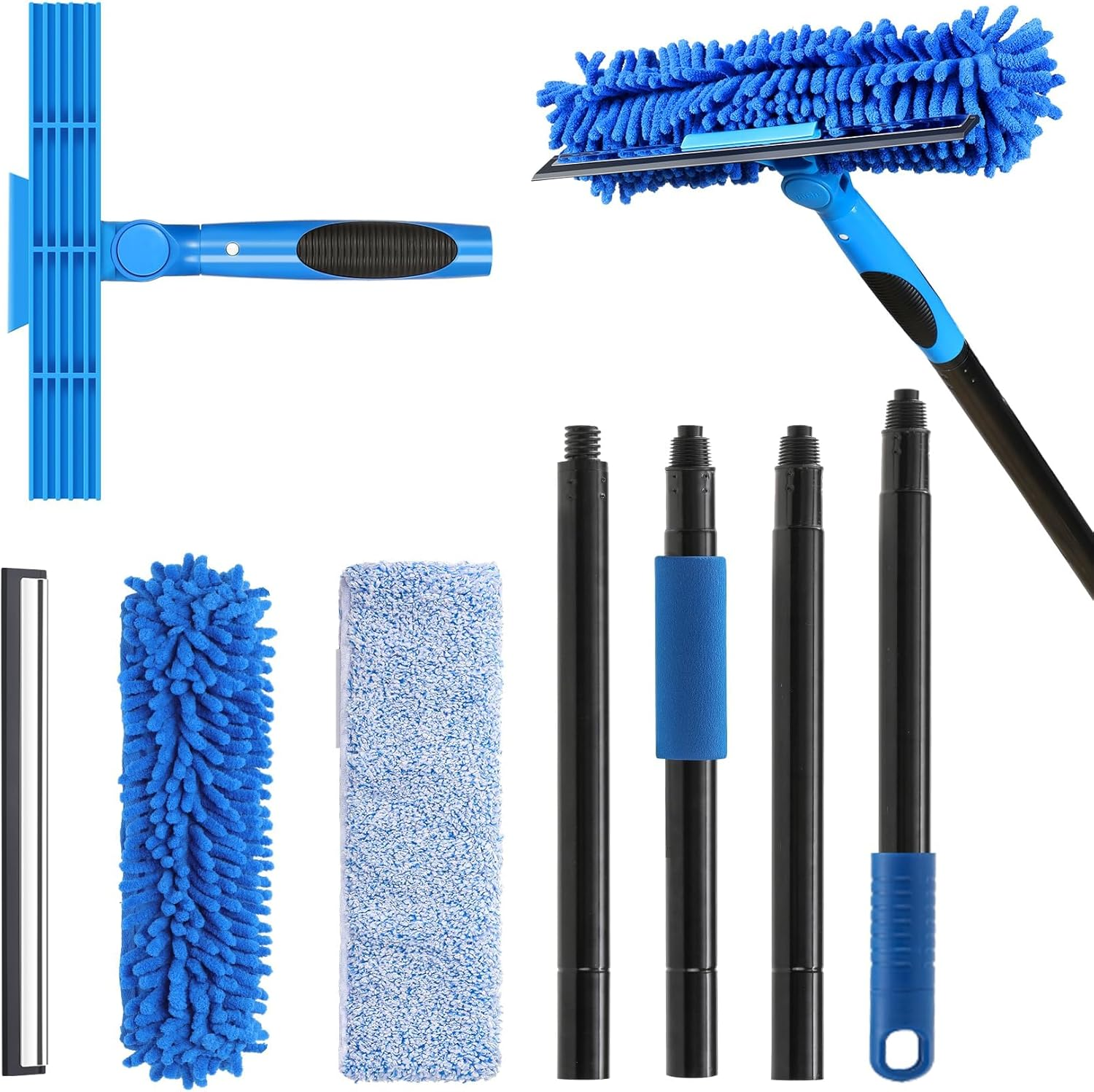 Professional 69'' Window Squeegee Cleaner Tool with Extension Pole, 2-In-1 Squeegee for Window Cleaning Kit with Scrubber and Rotating Head, 1 Blade 2 Scrubber (Blue) image number 3