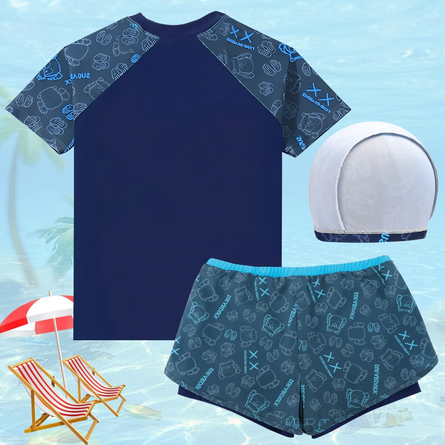 WOTOW Boys Short Sleeve Swimsuit, 3 Piece Rash Guard Swimsuit Set Short Sleeve Bathing Suit with Swimming Cap, Summer Quick Dry Swimwear for Kids Boys 4-16 Years image number 3