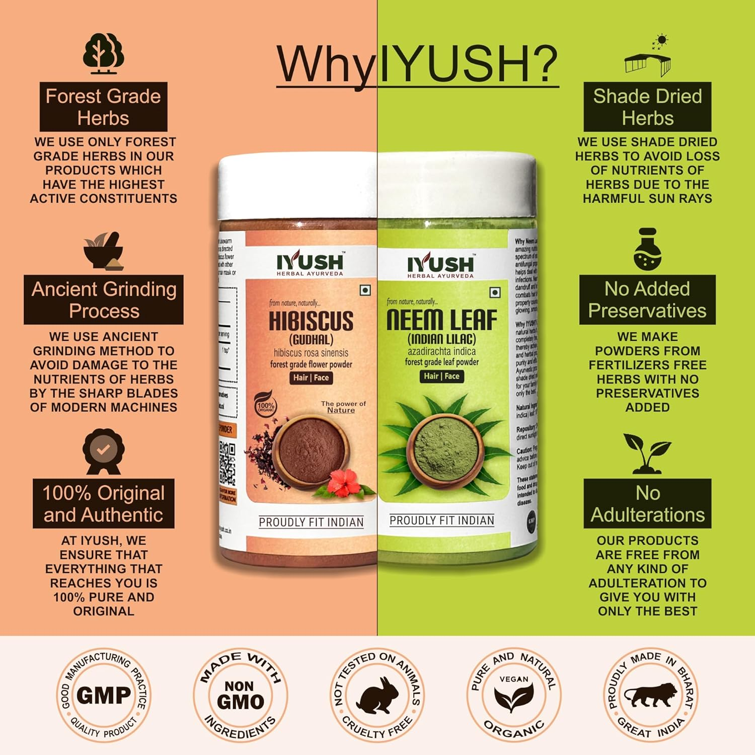 IYUSH Herbal Ayurveda Neem Powder and Hibiscus Powder for Hair Growth &ndash; 200Gm | Hair Mask for Smoothening Hair | Hair Mask for Hair Growth | Face Pack Powder | Skin Care & Hair Care | (100Gm Each) image number 1