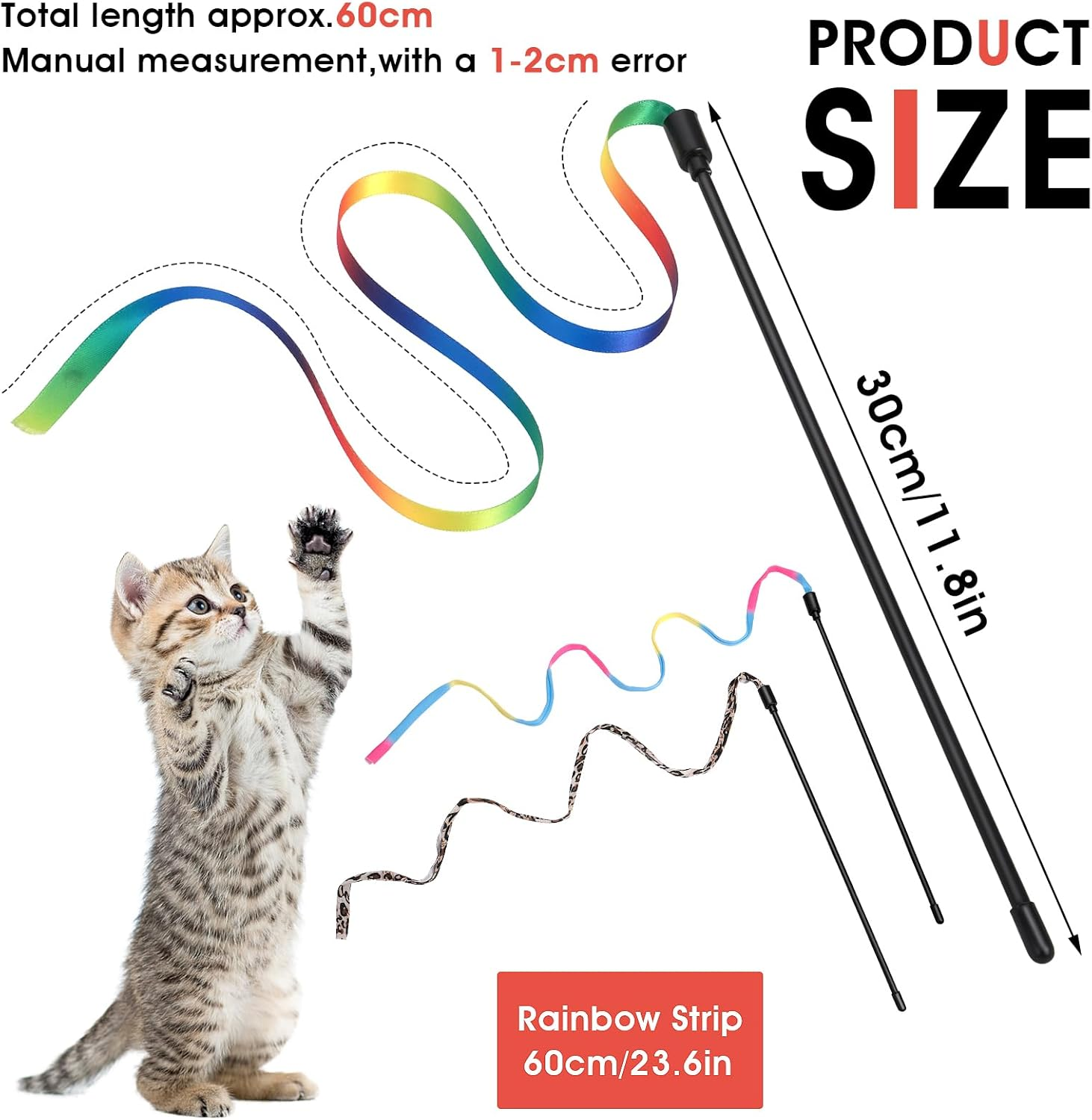Amaxiu Cat Wand Toy Set, Interactive Cat Wand Toy with Rainbow Ribbon String, Rainbow Cloth String, Leopard Print Cloth String for Small Cats Kittens Indoor Training Catcher(6 Packs)