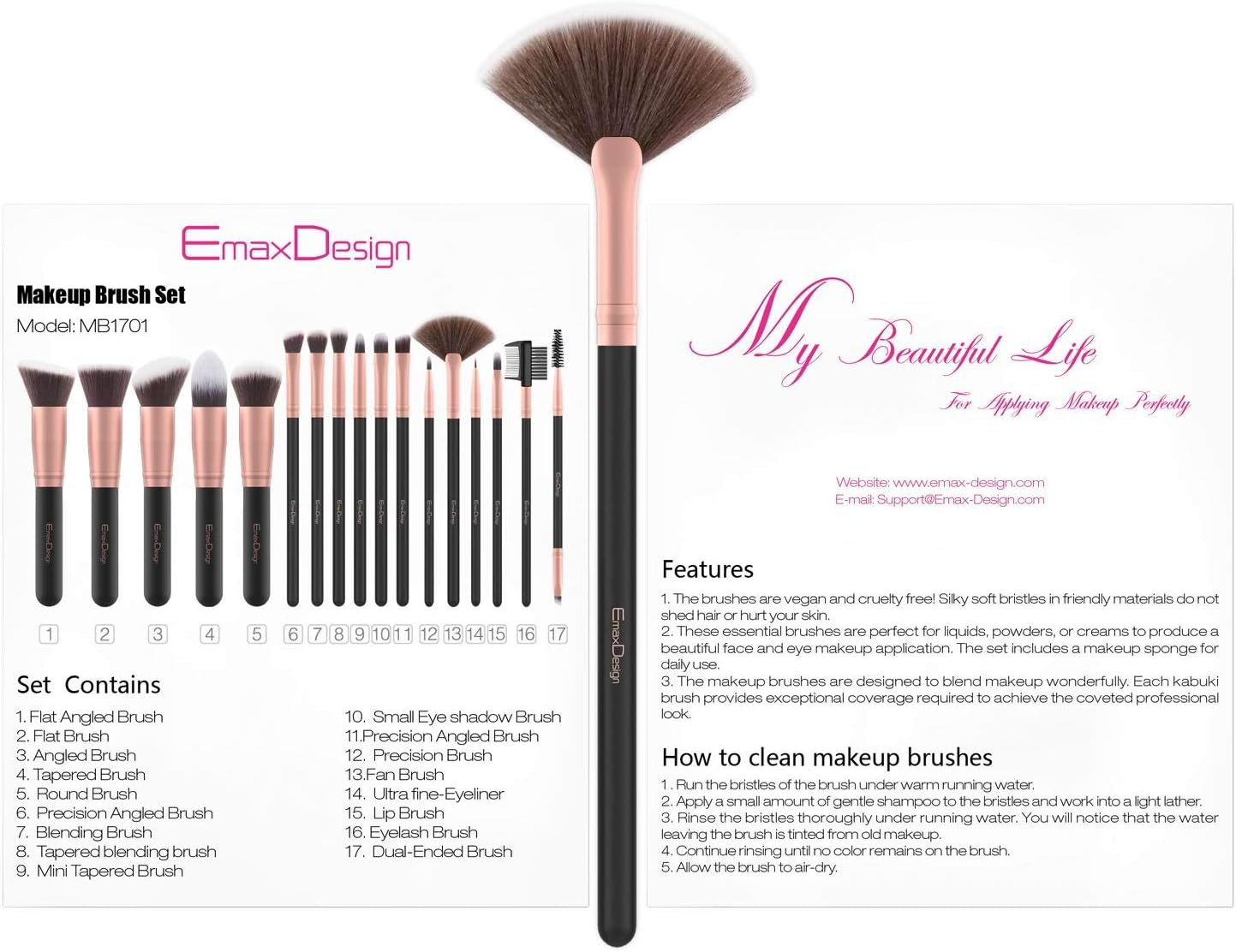 Emaxdesign Makeup Brushes 17 Pieces Premium Synthetic Foundation Brush Powder Blending Blush Concealer Eye Face Liquid Powder Cream Cosmetics Brushes Kit (Rose Gold) image number 6