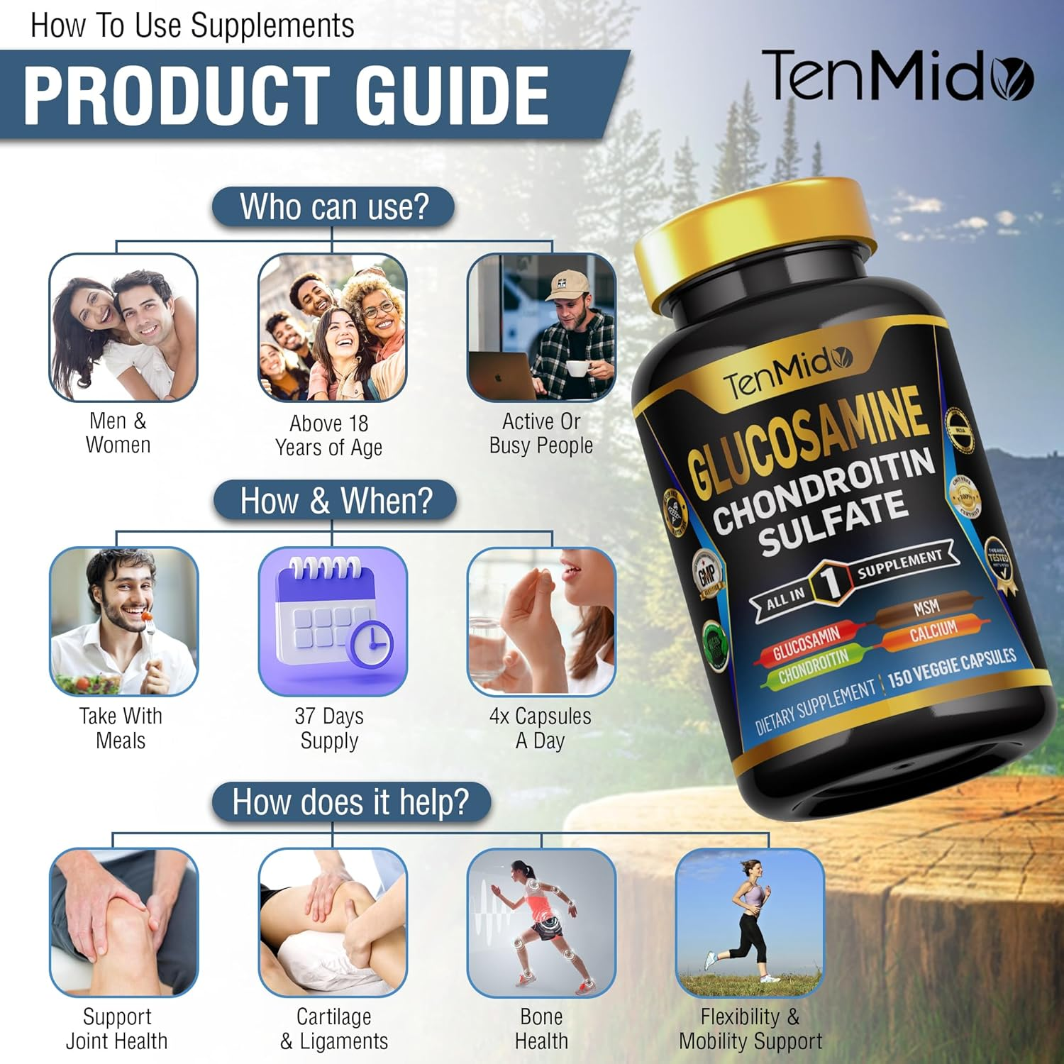 Glucosamine Chondroitin MSM Supplement for Men and Women - 4In1 Formula - Joint & Bone Health Support - 150 Capsules image number 5