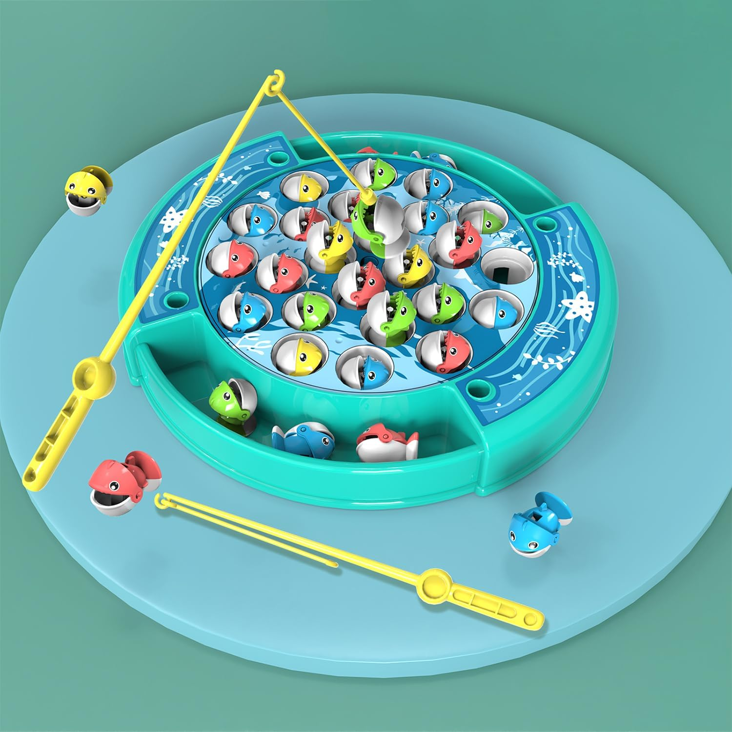 Magnetic Fishing Game for Kids, Rotating Board Games Fishing Toy with Cute Music and 24 Fish (Green) image number 1