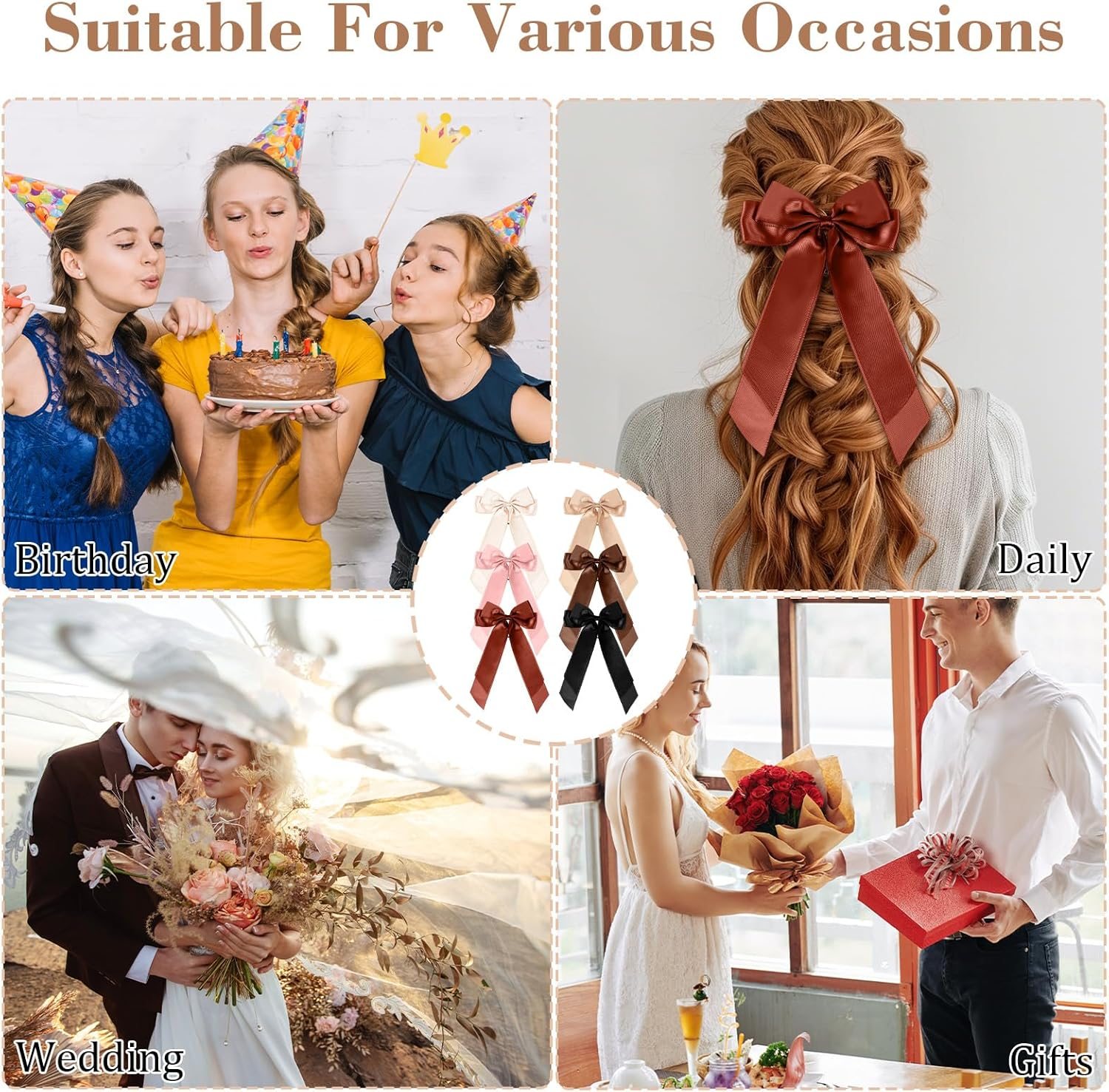 KFHENSOMR Bow Hair Ties 6 Pcs Colorful Hair Ties with Bows Satin Hairs Ribbon Scrunchies Elastic Hairs Bows for Women Ponytail Holder Cute Ribbons Bow Scrunchies Accessories for Women image number 2