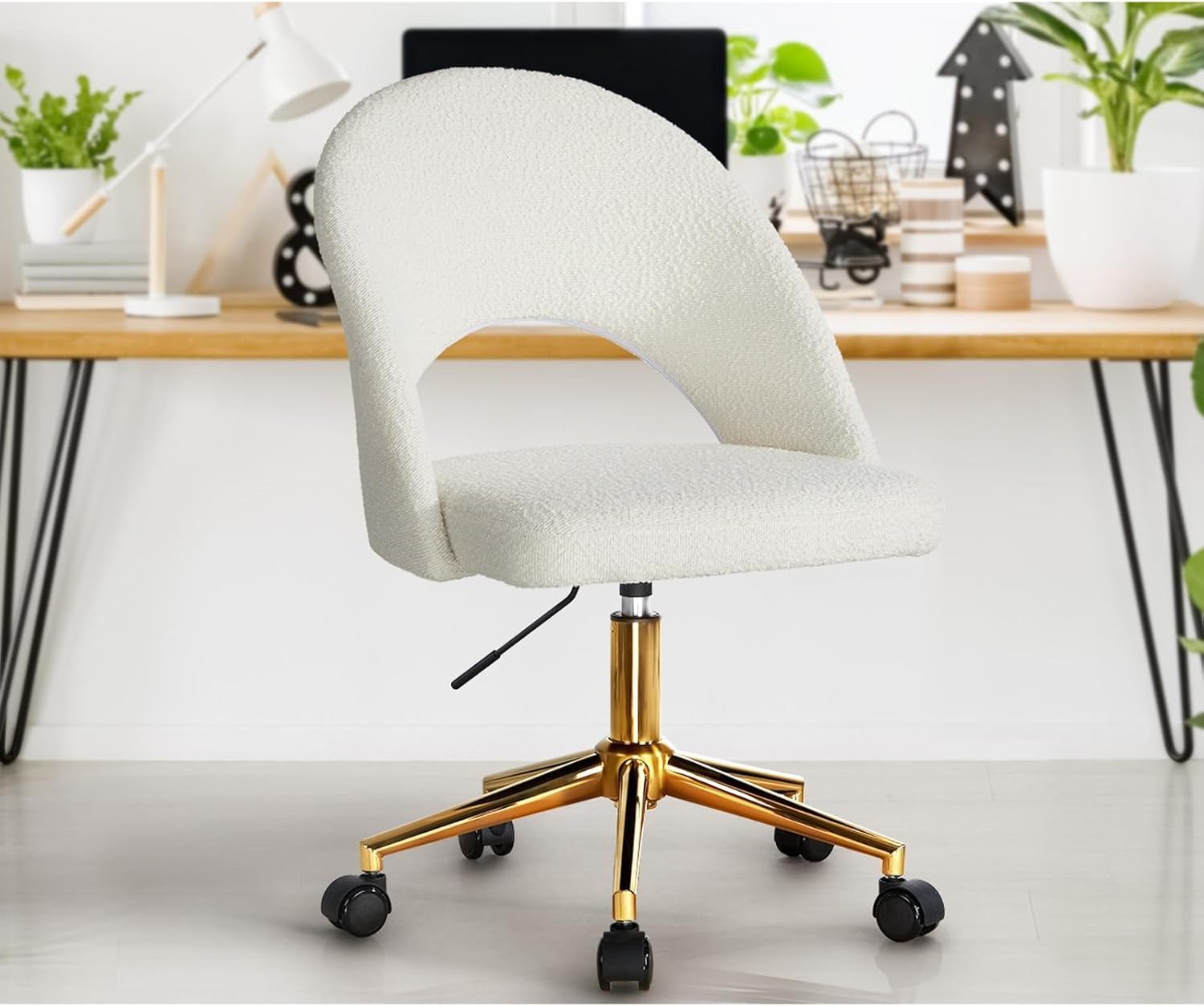 Oikiture Office Desk Chair with Boucle Cover Armless Home Office Chair for Home Office Bedroom White and Gold image number 6