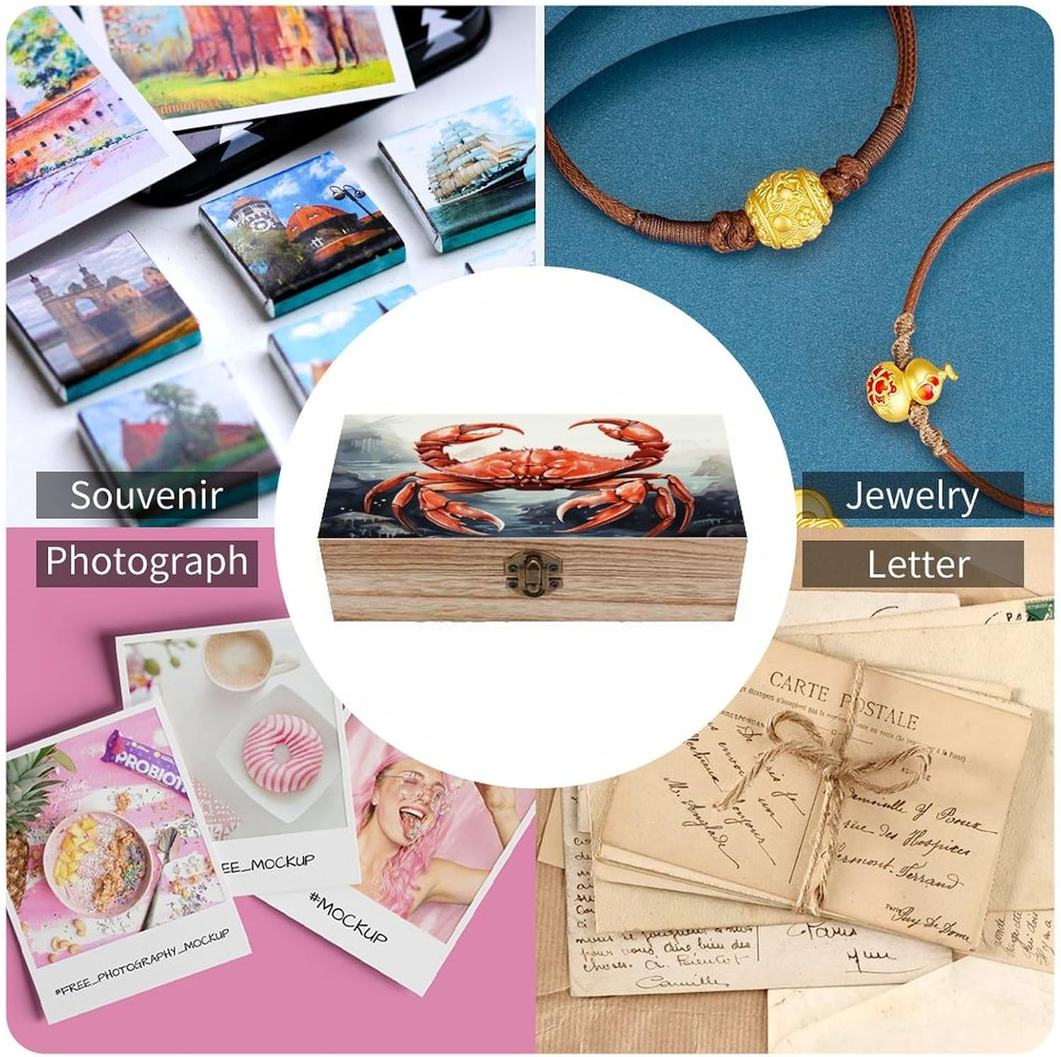 Red Crab Sea Wooden Box Wood Wedding Keepsake Boxes with Lids Small Decorative Boxes Lightweight Wooden Memory Storage Box for Crafts Keepsakes Jewelry Photo Letter Storage image number 5