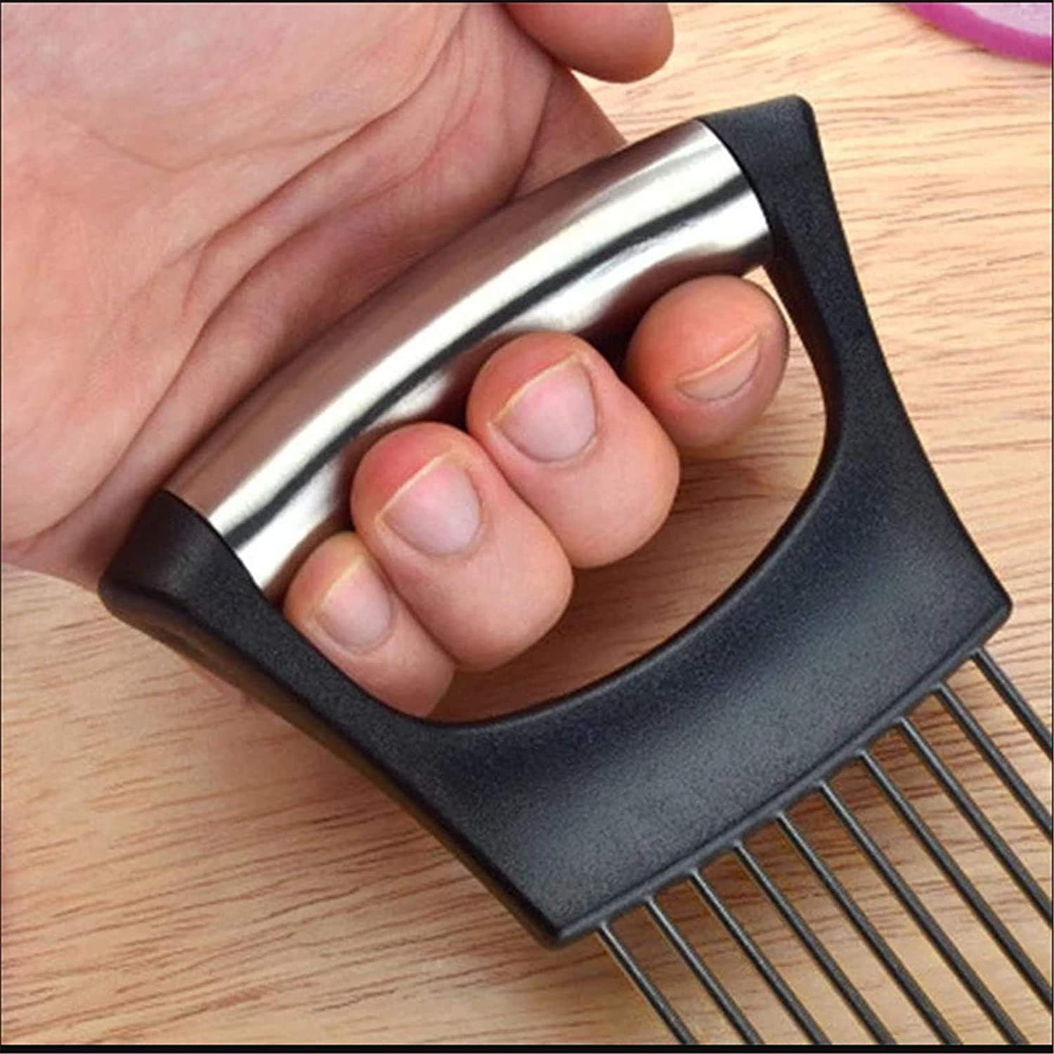 Food Slice Assistant Onion Holder Slicer - Stainless Steel Vegetable Holder Tomato Slicer Meat Slicer, Cutting Kitchen Gadget Onion Cutter,Kitchen Vegetable Slicing Aids(Black) image number 1