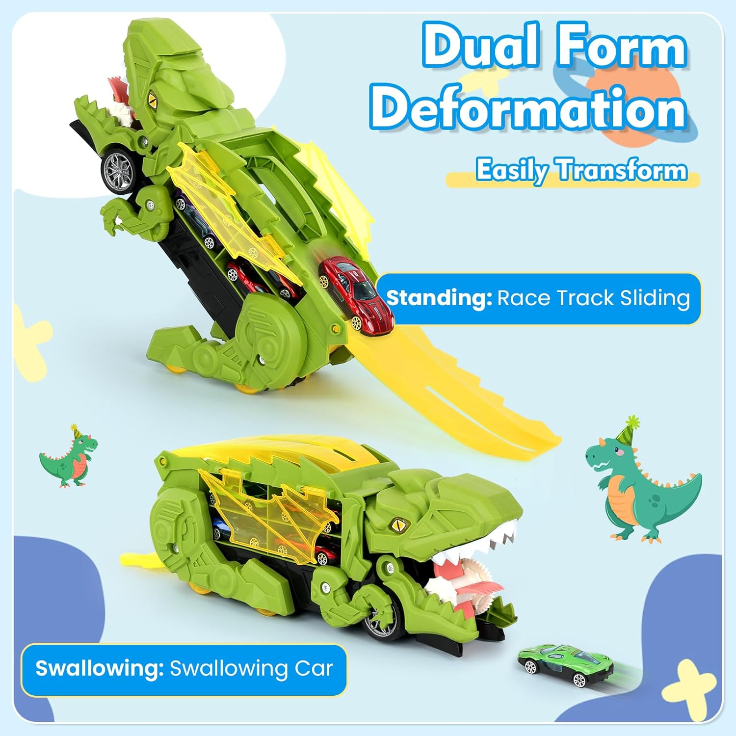 Dinosaur Truck Toy for Kids, Transforms into Triceratops with Race Track Set, City Dinosaur Transporter with 8 Toy Vehicle for Kids Boys over 3 Years Old image number 2