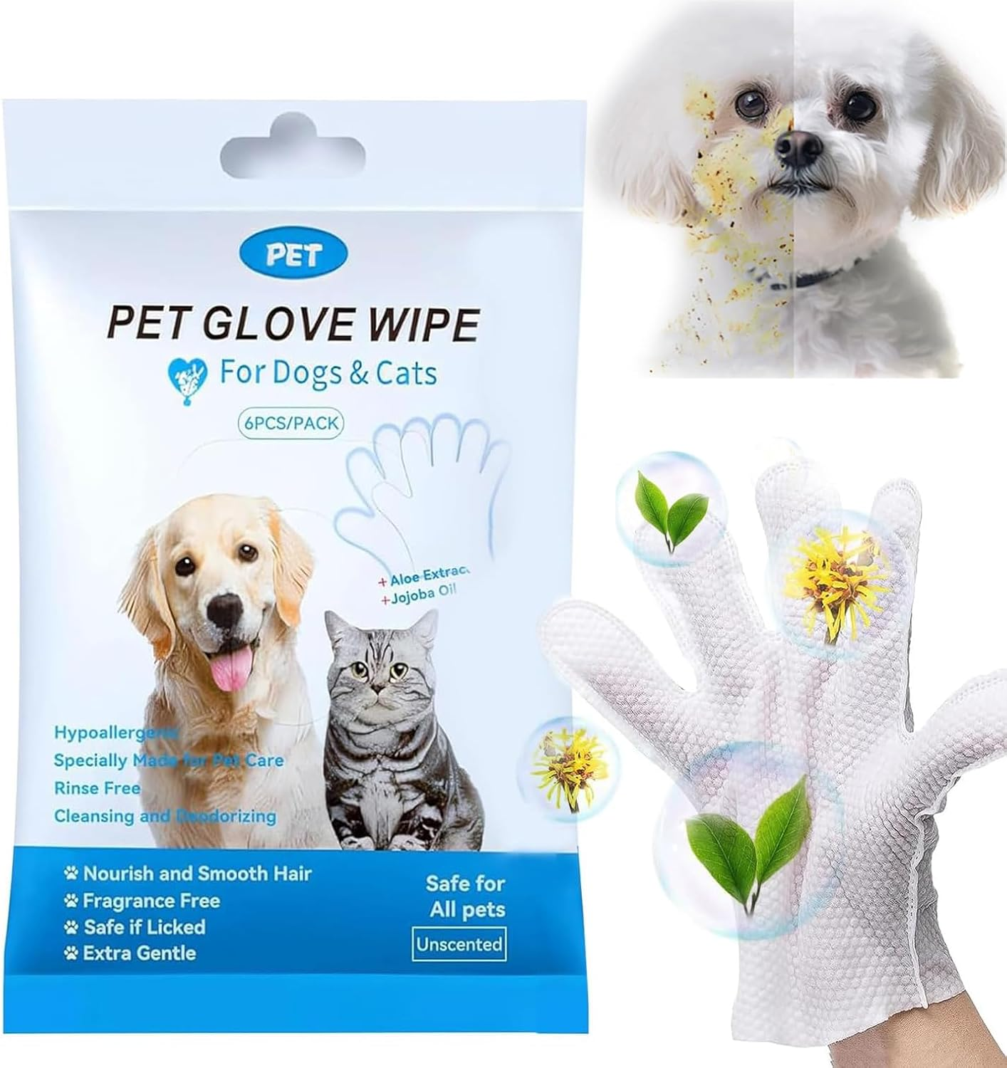 Mumoo Bear Extra Thick Pet Bathing Wipes for Dogs & Cats, Cleaning & Deodorizing Grooming Gloves, Nourish Fur Glove Wipes for Daily Care and Traveling, Rinse Free, Unscented, 6 Pcs/1Pack image number 2