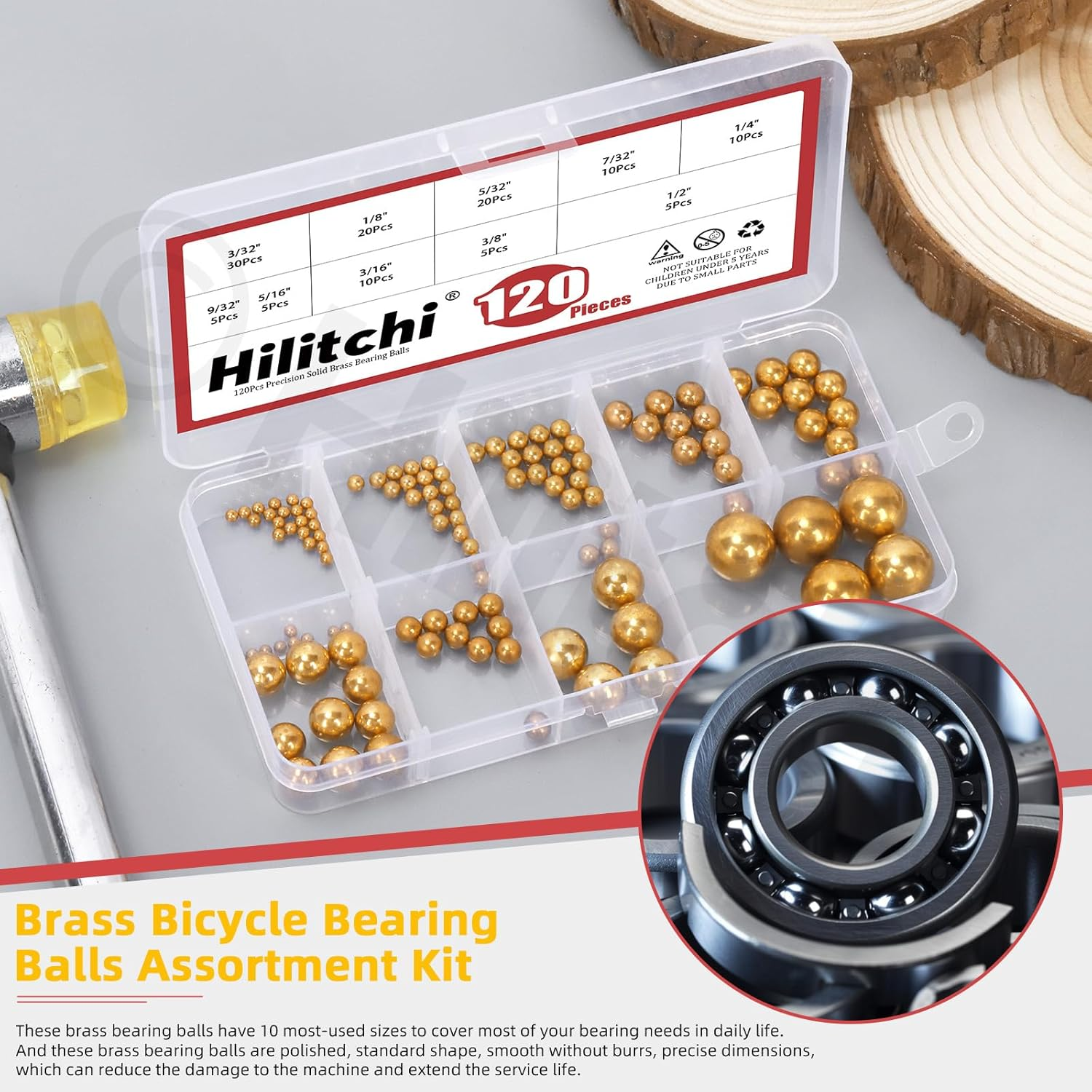 Hilitchi 120-Piece 10-Size Brass Bicycle Bearing Ball Assorted Set, SAE Precision Solid Bearing Balls, Industrial Brass Spheres for Mechanical Equipment & Automotive Applications image number 5