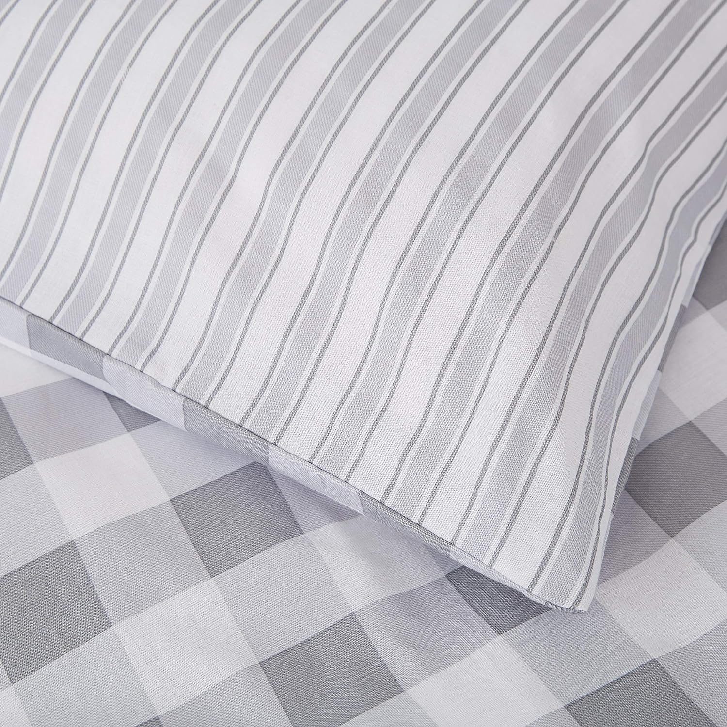 Catherine Lansfield Check and Stripe Grey Duvet Cover Set 135 X 200 Cm + 80 X 80 Cm (Pair) image number 1