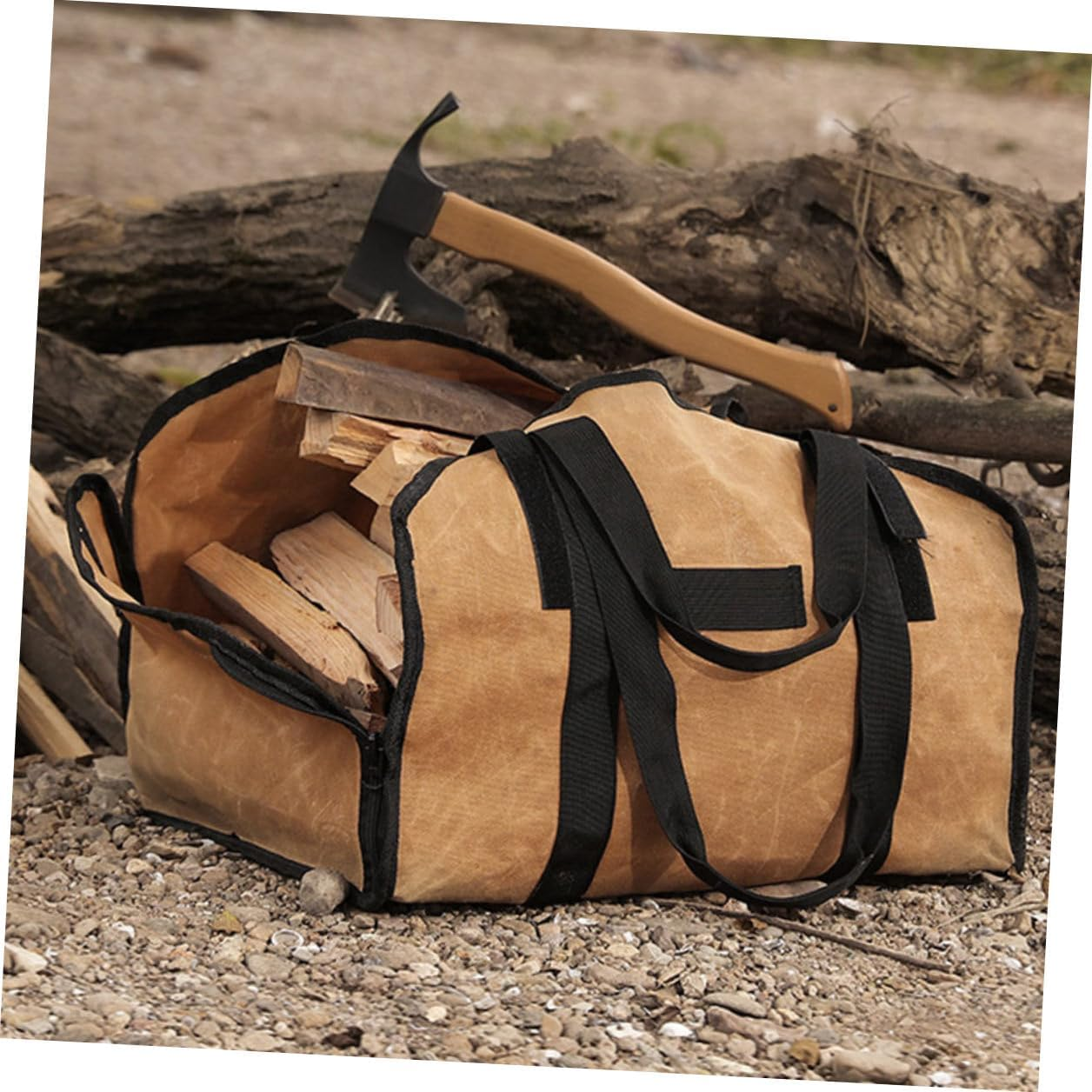 Firewood Holder Wood Carrier Tote Bag with Double Handles Large Capacity Canvas Log Holder for Camping Fire Pit Outdoor Use Khaki image number 3