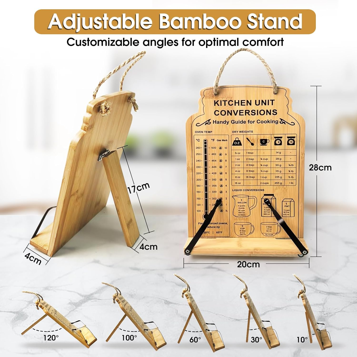 Bamboo Cookbook Stand,Recipe Book Stand with Measurement Conversion Chart,Foldable Cookbook Holder with Flexible Page Holder Clips,Adjustable Reading Holder Stand image number 2