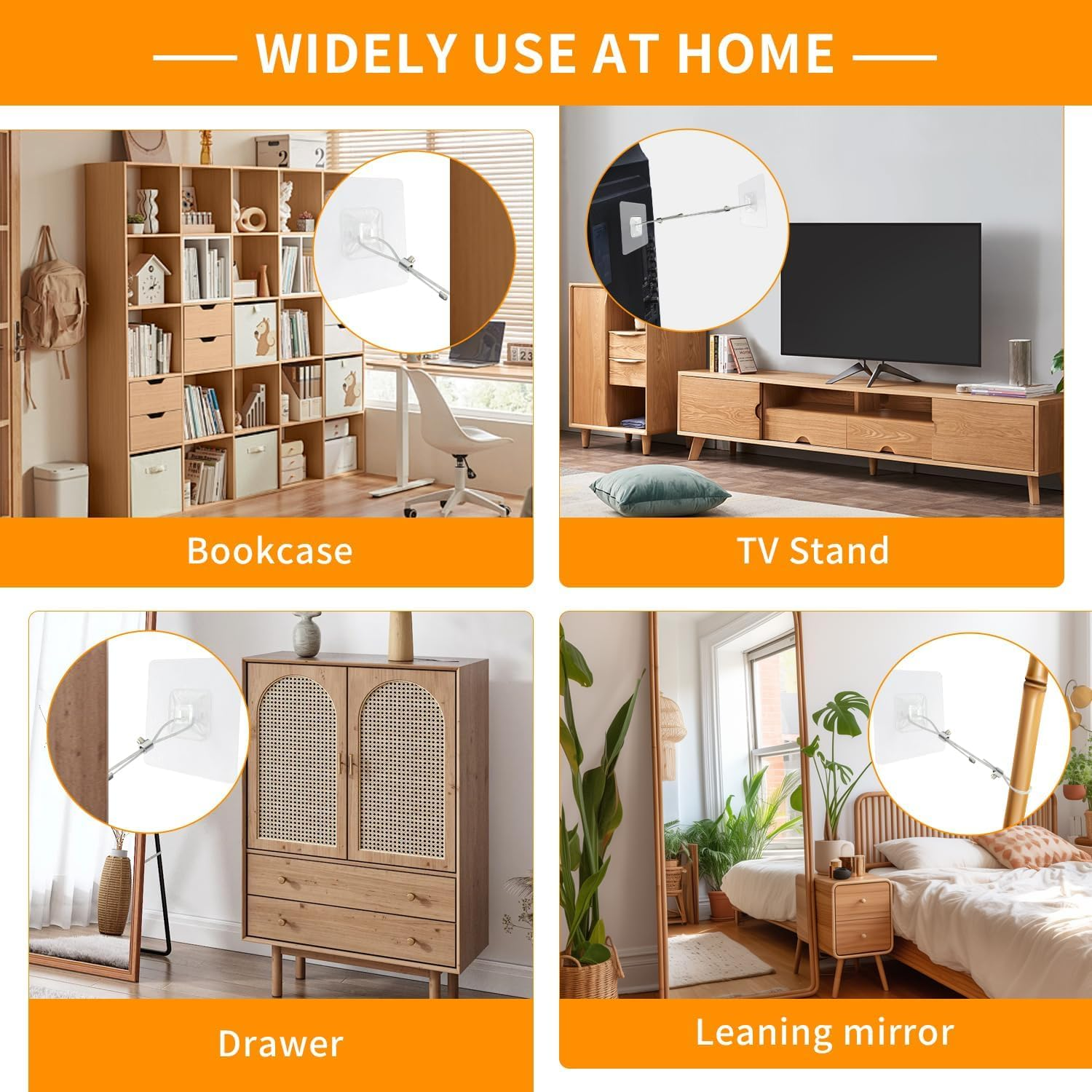 Adjustable 42" TV Safety Straps (2 Pack+4 Spare Adhesive Pad),No-Drill Adhesive Anti-Tip Furniture Anchors Kit for Baby Proofing,Secure Flat Screens Fix to Wall,Cabinet,Dresser,Stand or Desk image number 3