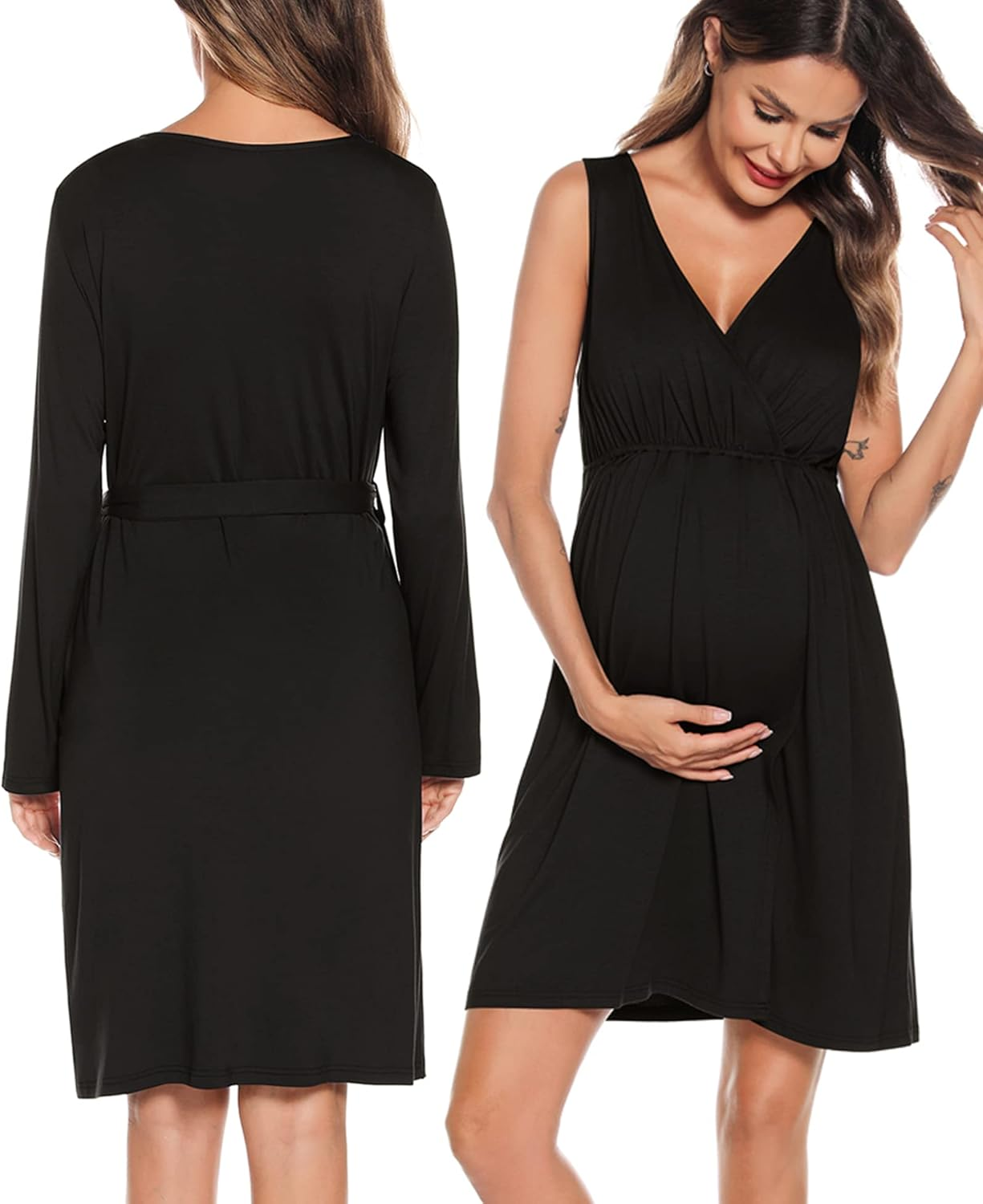 SWOMOG Women Maternity Nursing Gown and Robe Set 3 in 1 Labor Delivery Nursing Nightgown for Breastfeeding Hospital Bathrobe