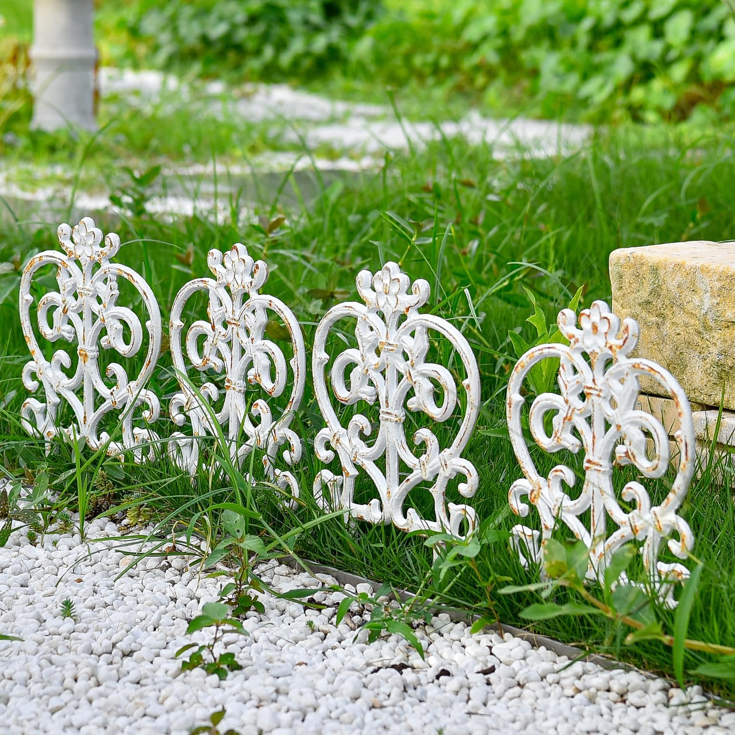 Sungmor Decorative Cast Iron Garden Edging, 4 Pack Rustic White Victorian Garden Edging Landscape Border, Vintage Metal Yard Stake Low Picket Fence, 11.8" Tall Outdoor Flower Bed Lawn Fence Panels image number 1