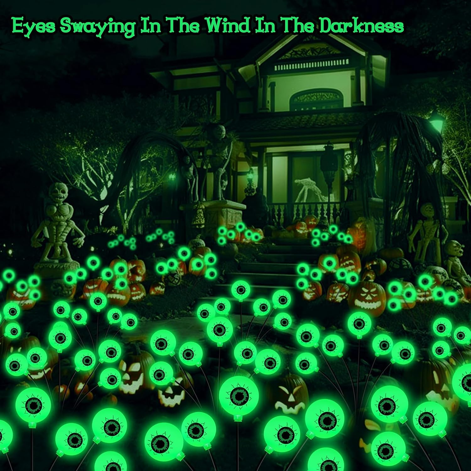 Harloon Halloween Decorations Outdoor Solar Scary Eyeball Lights, 2Packs 16LED Green Eyeball Swaying Firefly Lights, Waterproof Solar Halloween Path Lights for Yard Garden Lawn Party Decor image number 2