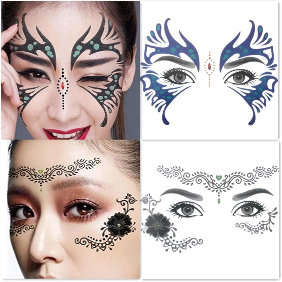 8 Pack Face Temporary Tattoo Waterproof Makeup Tattoo Stickers on Face Eye Forehead Body for Halloween Christmas Stage Masquerade Party image number 1