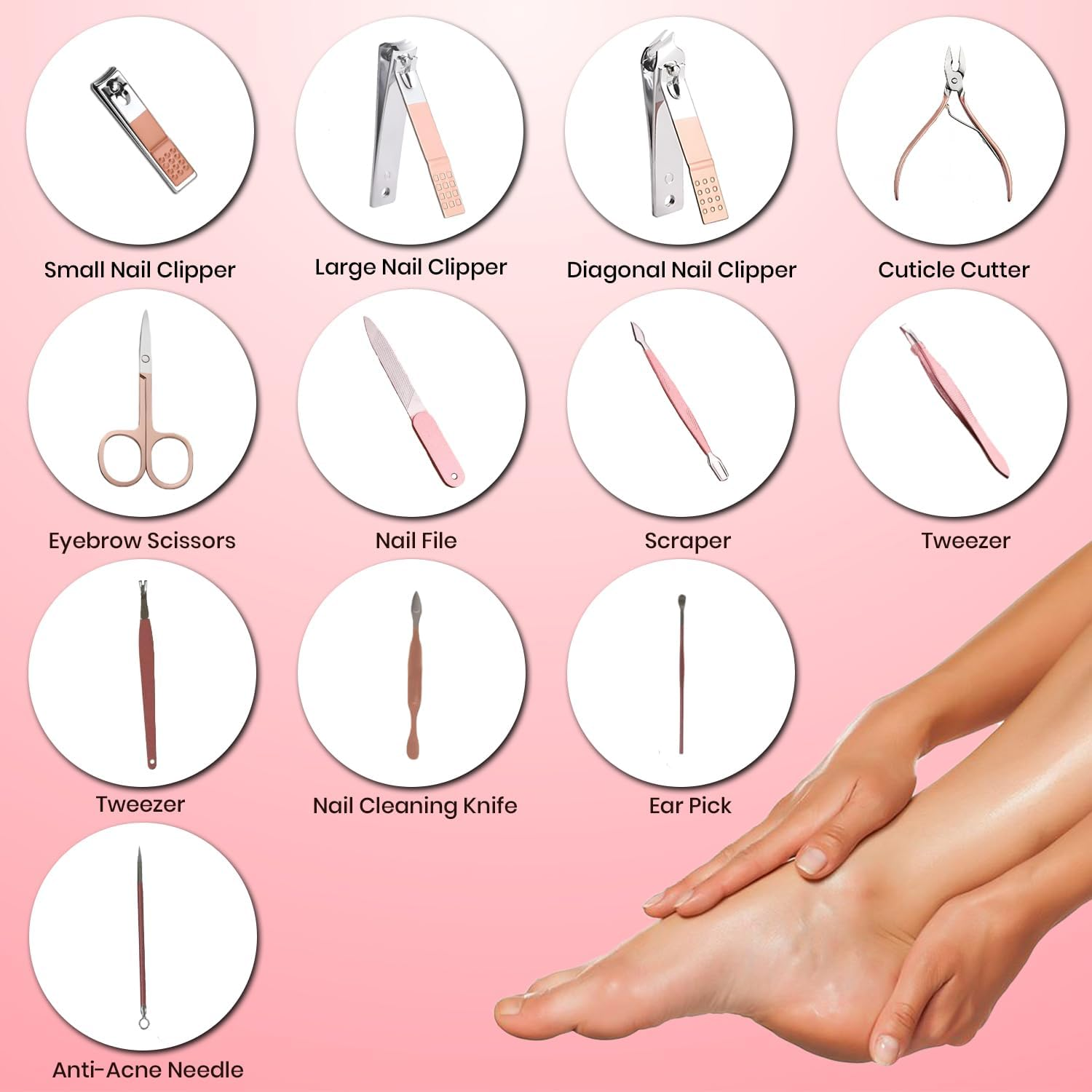 12 in 1 Professional Manicure Set, Stainless Steel Nail Clippers Set, Portable Grooming Kit for Women & Men, Pedicure Kit for Personal Care with Luxurious Travel Leather Case, 12 Pcs Clippers Tools (Rose Pink)