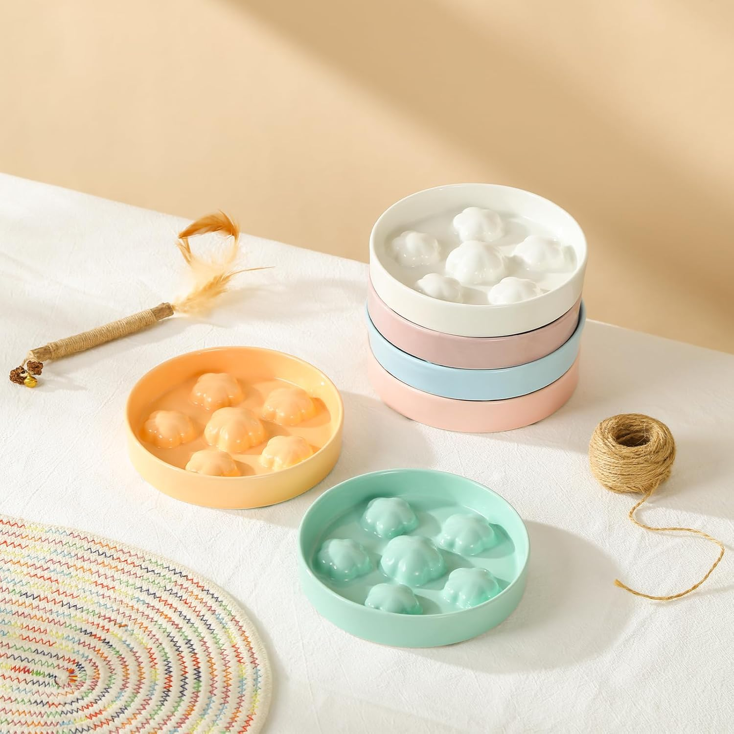 Cat Slow Feeder Bowl Ceramic - Slow Eating Cat Bowl anti Vomiting - Pastel Tones Cat Food Plate - Cute Bloom Cat Feeding Bowl - Fun Maze Cat Dish for Fast Eaters - Dishwasher Safe - 6 OZ - Pale Pink image number 1