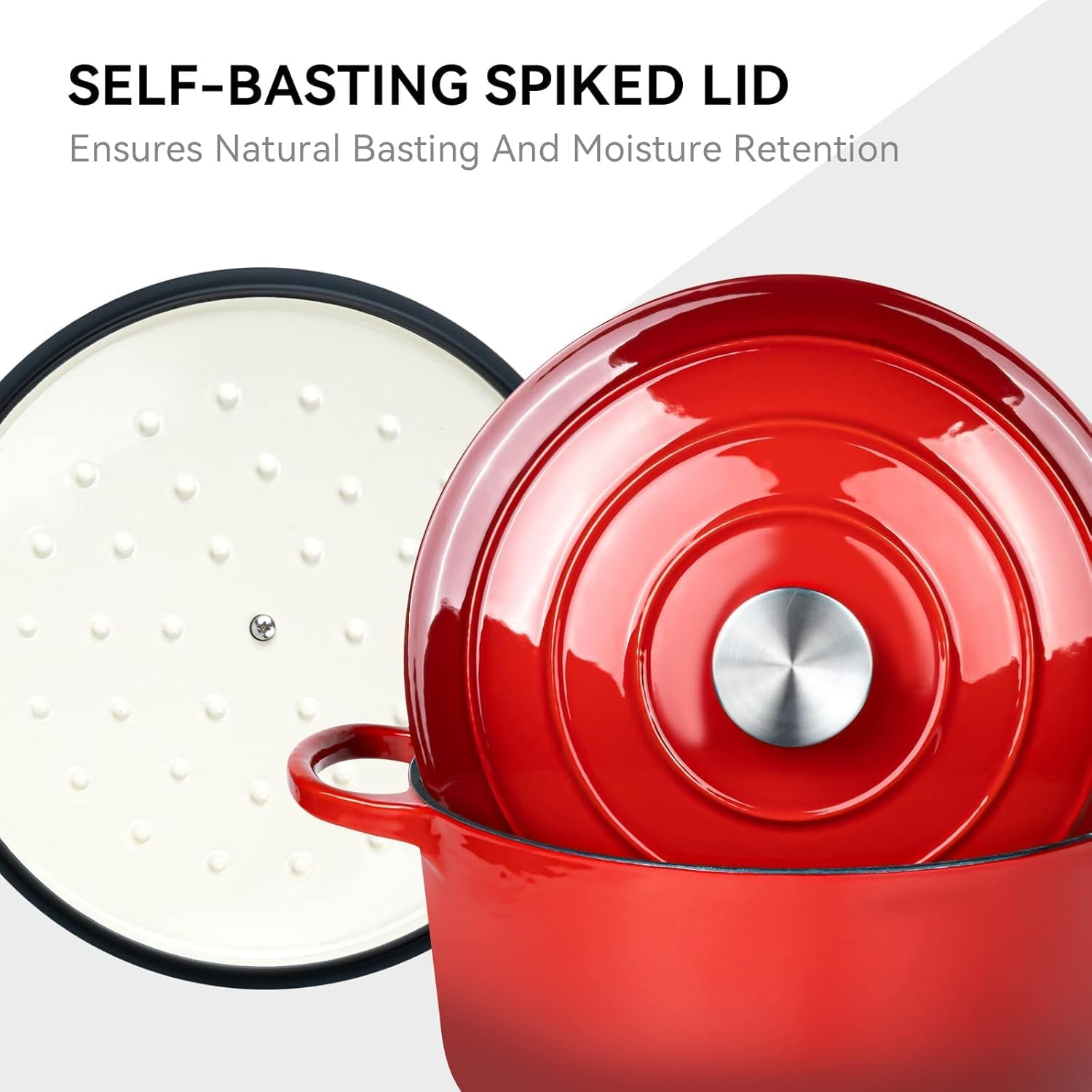 Dutch Oven Pot with Lid, Enameled Cast Iron Dutch Oven with Dual Handles for Sourdough Bread Baking, Cooking, Non-Stick Enamel Coated Cookware, 26Cm Diameter(Red) image number 2