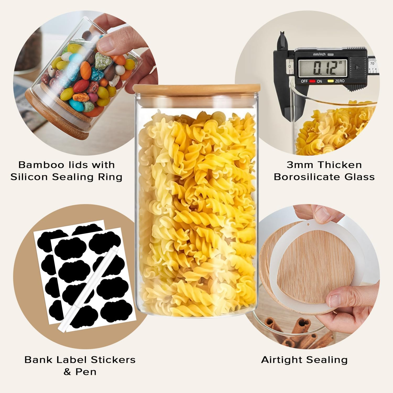 6 Pack Glass Food Storage Jars, Yakiter Food Containers with Bamboo Lids for Pasta, Cookies, Nuts, Coffee Beans, Cereal, Kitchen Canisters, Pantry Organization(15Oz+19Oz+22Oz+26Oz+40Oz*2) image number 6